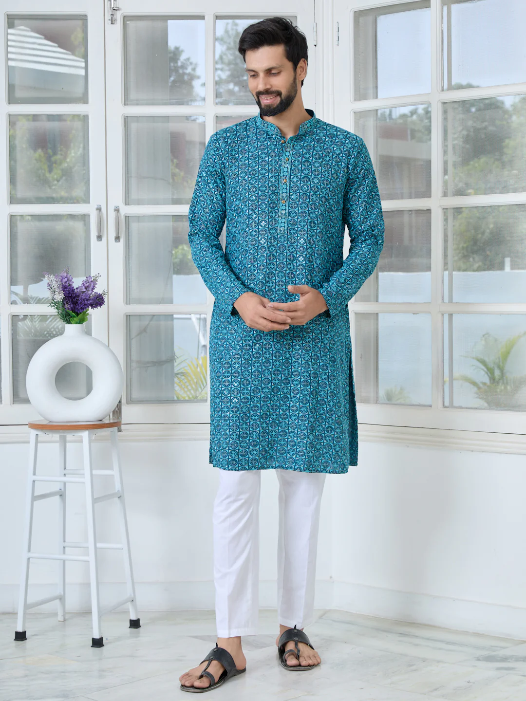 Men Blue Embroidered Mandarin Collar Straight Kurta - Image 6