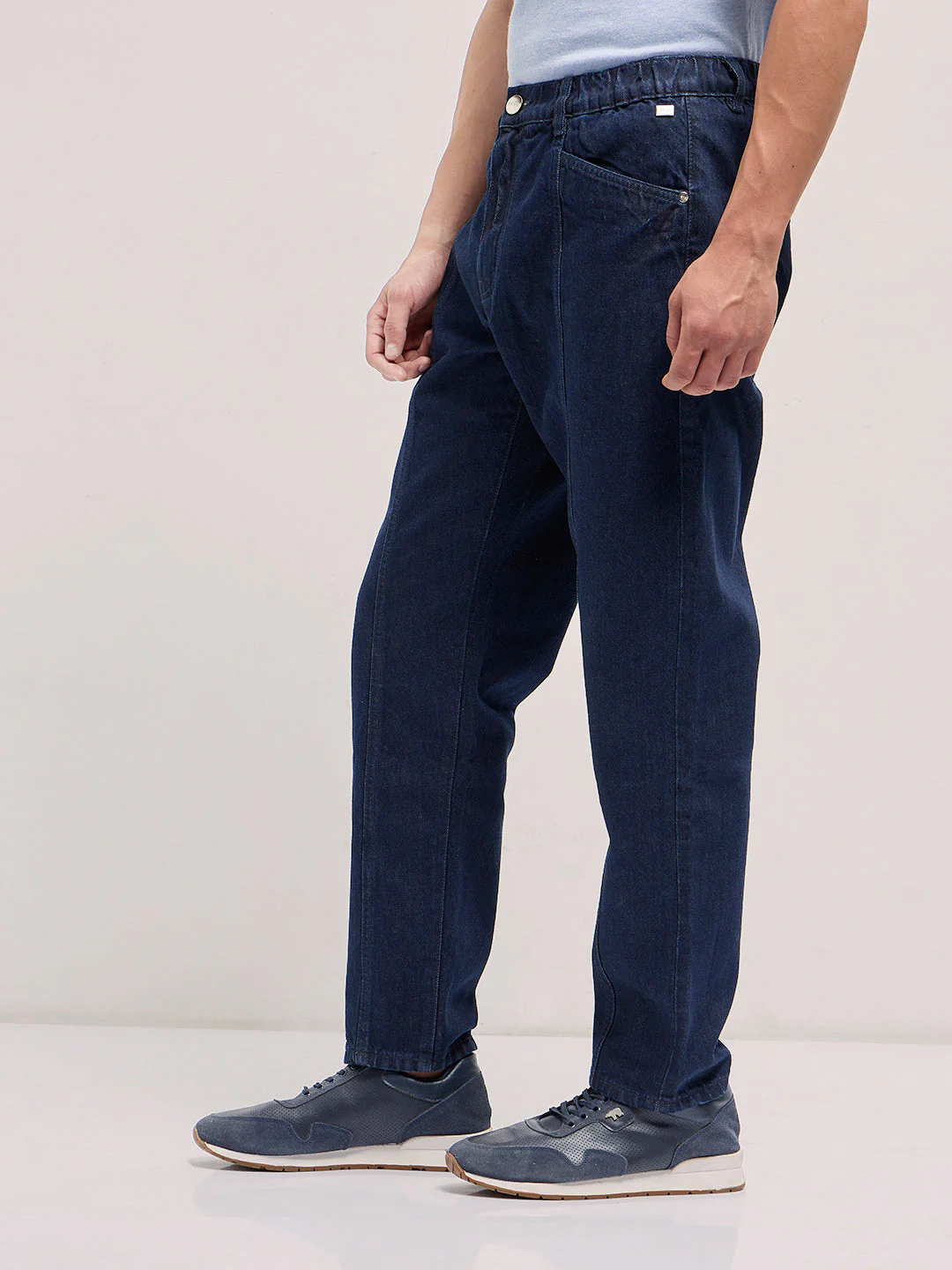 Men Dark Blue Mid-Rise Elasticated Waist Relaxed Fit Jeans - Image 3