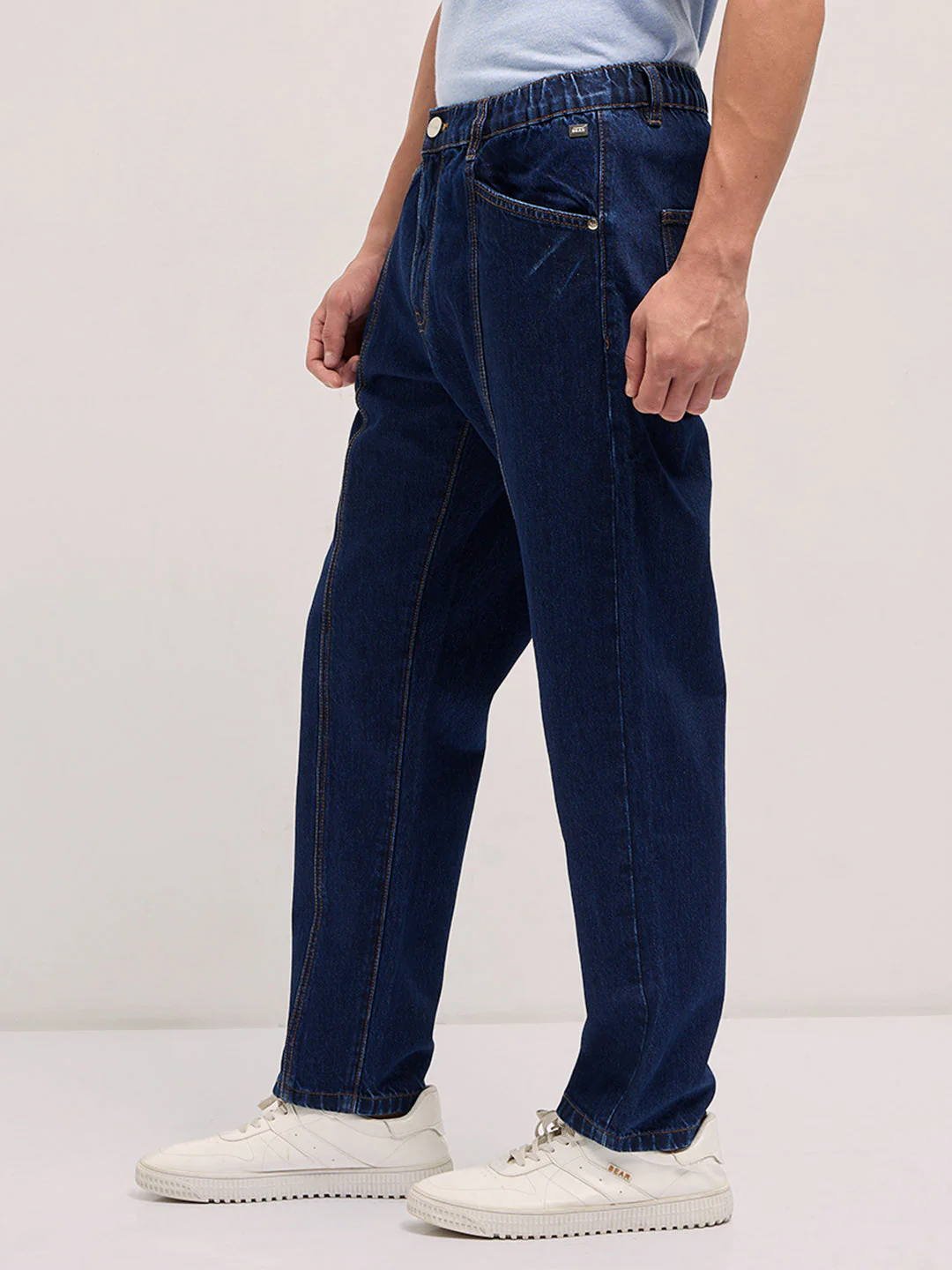 Men Dark Blue Mid-Rise Elasticated Waist Relaxed Fit Jeans - Image 3