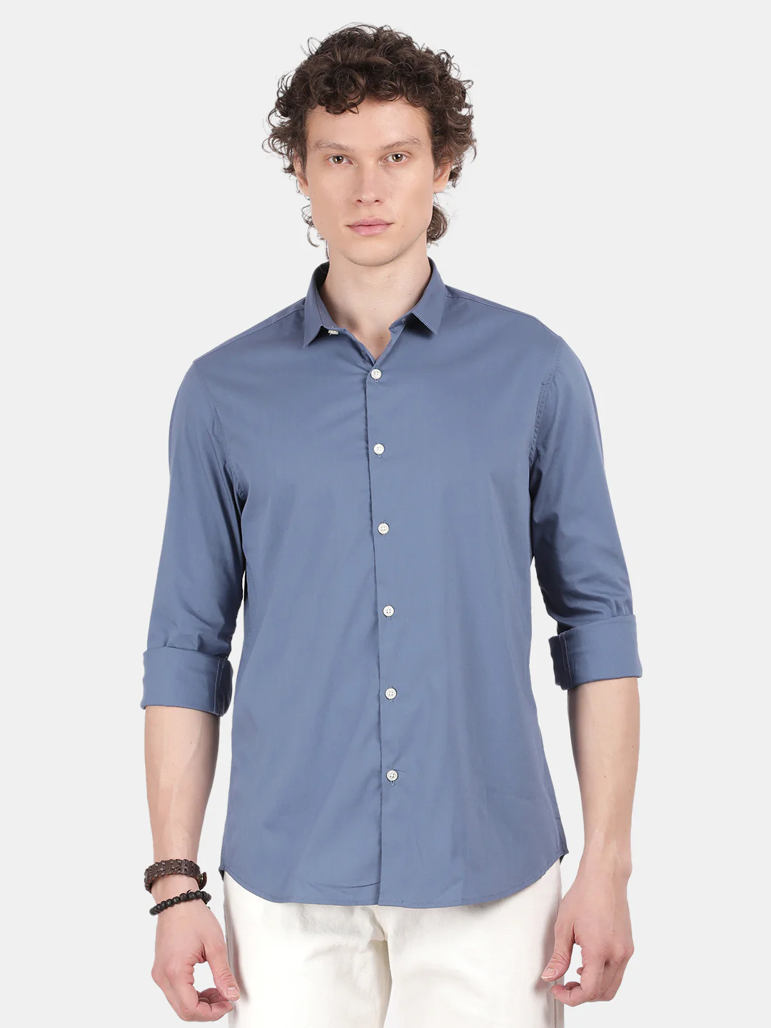 Men Dark Blue Slim Fit Spread Collar Full Sleeve Casual Shirt - Image 2