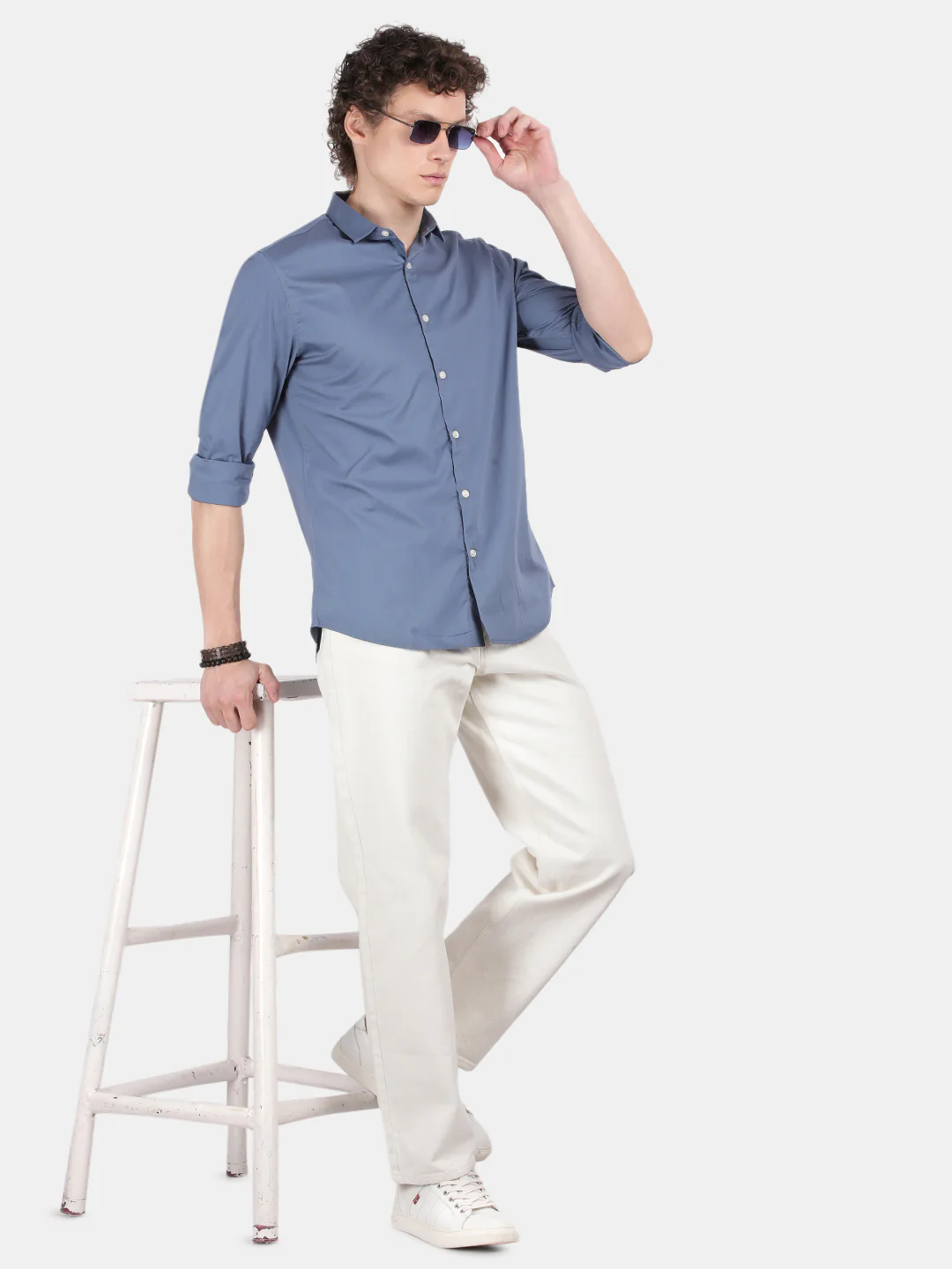 Men Dark Blue Slim Fit Spread Collar Full Sleeve Casual Shirt - Image 3
