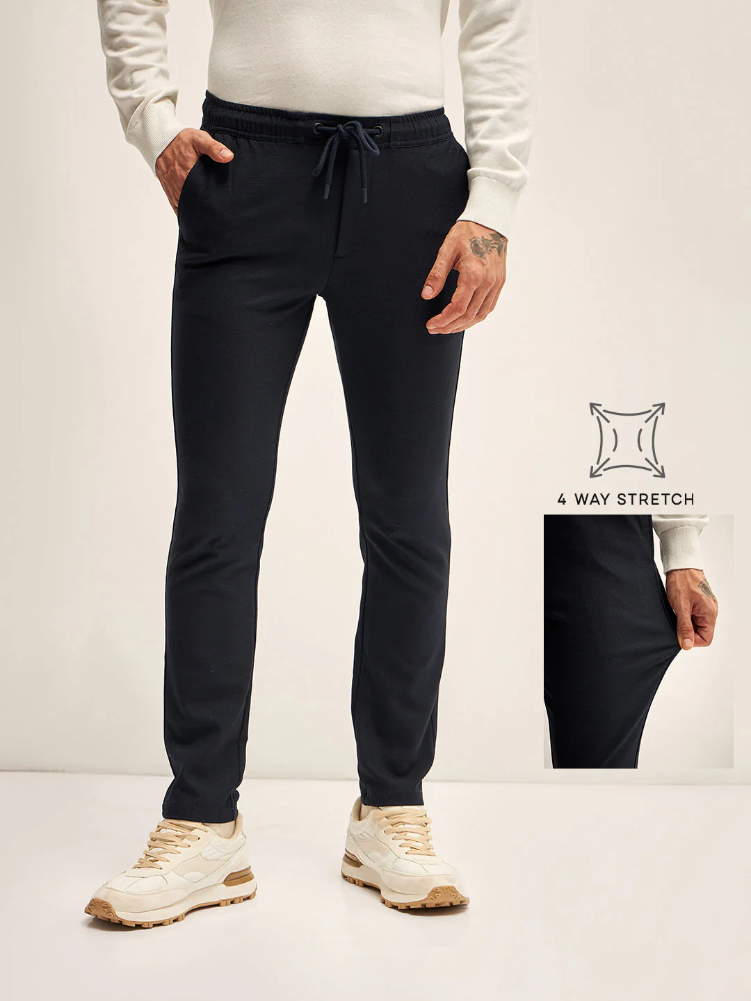 Men Dark Blue Solid 4 Way Stretch Semi-Formal Trouser