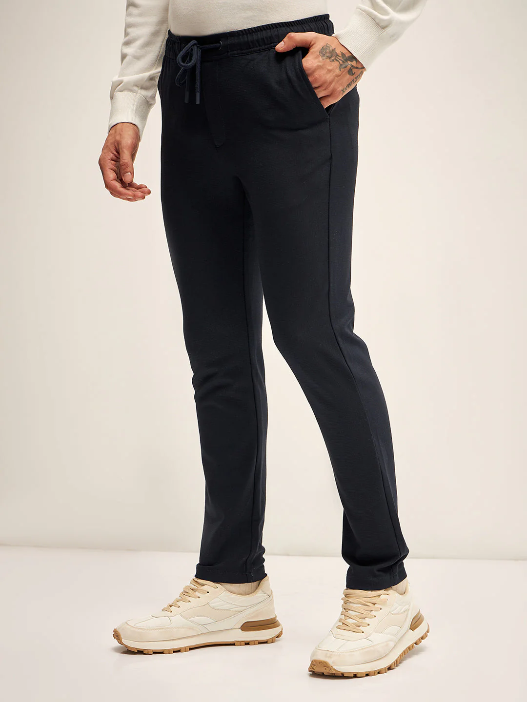 Men Dark Blue Solid 4 Way Stretch Semi-Formal Trouser - Image 3