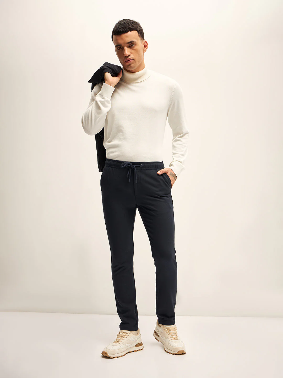 Men Dark Blue Solid 4 Way Stretch Semi-Formal Trouser - Image 4