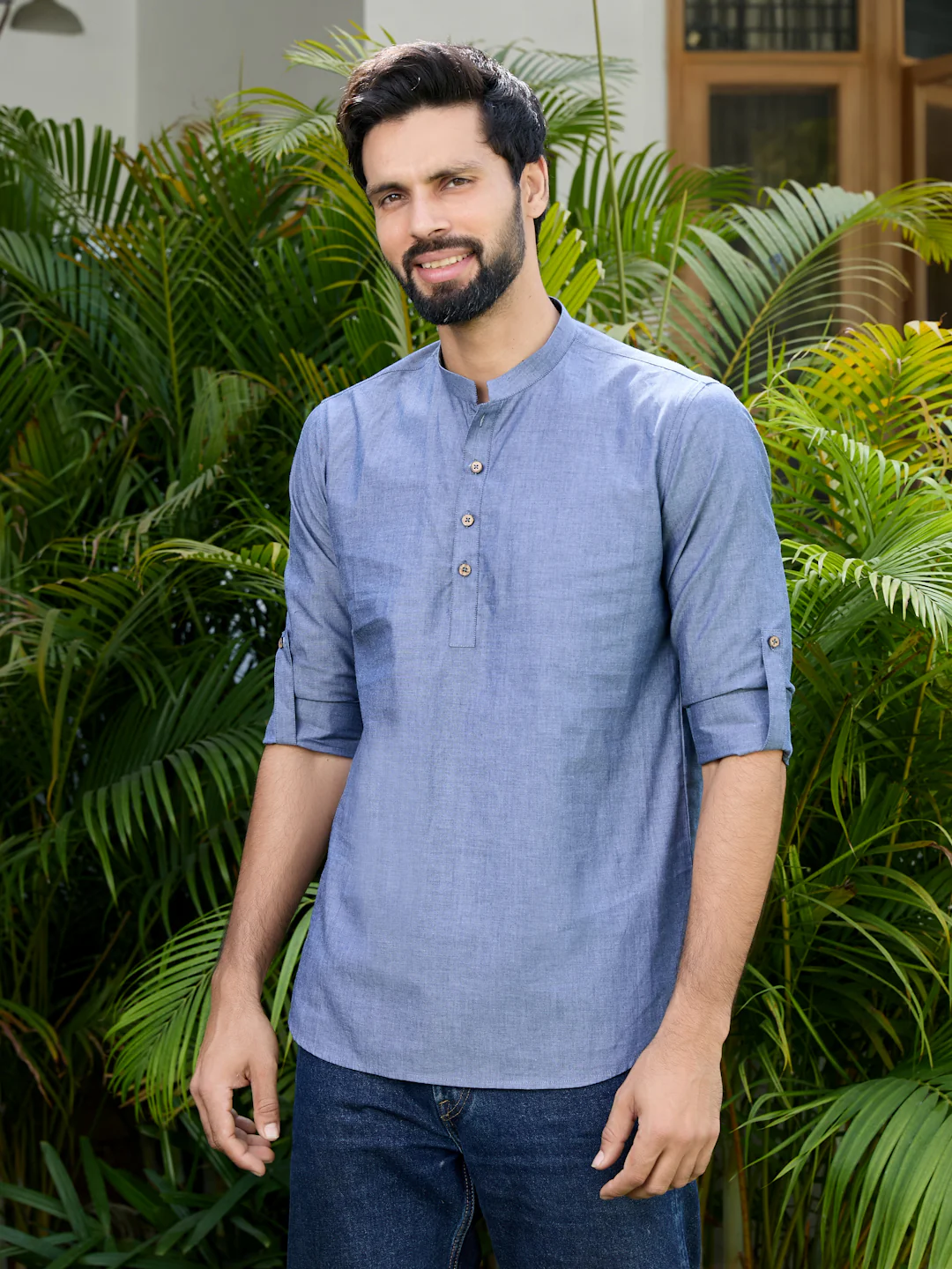 Men Dark Blue Solid Cotton Short Kurta