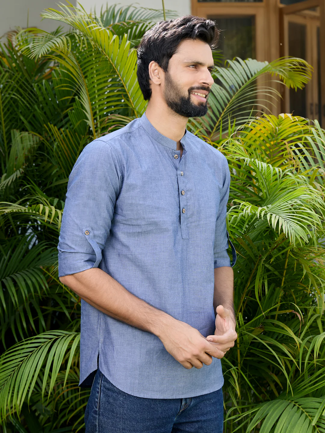 Men Dark Blue Solid Cotton Short Kurta - Image 3