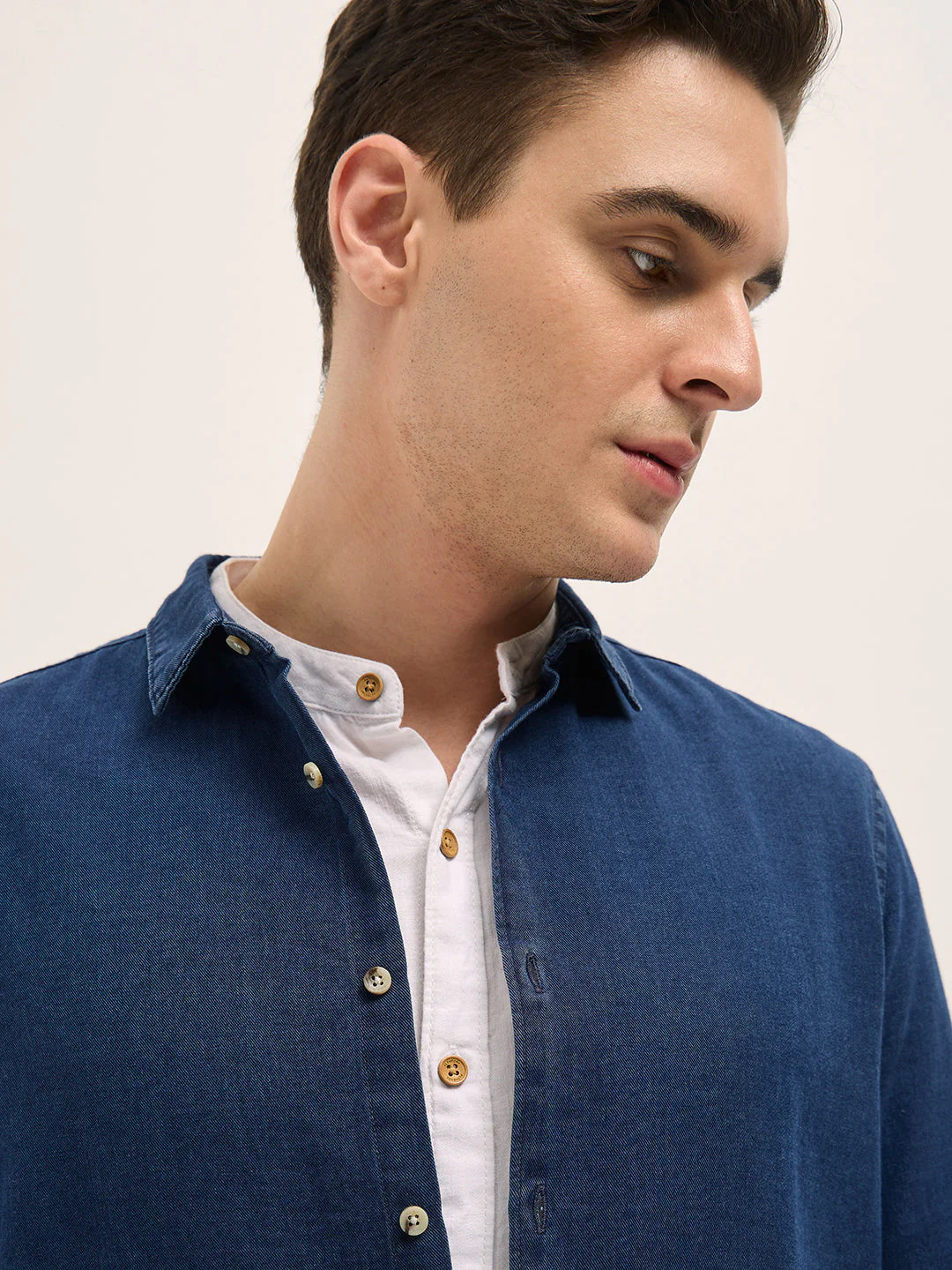 Men Dark Blue Solid Slim Fit Denim Casual Shirt - Image 5