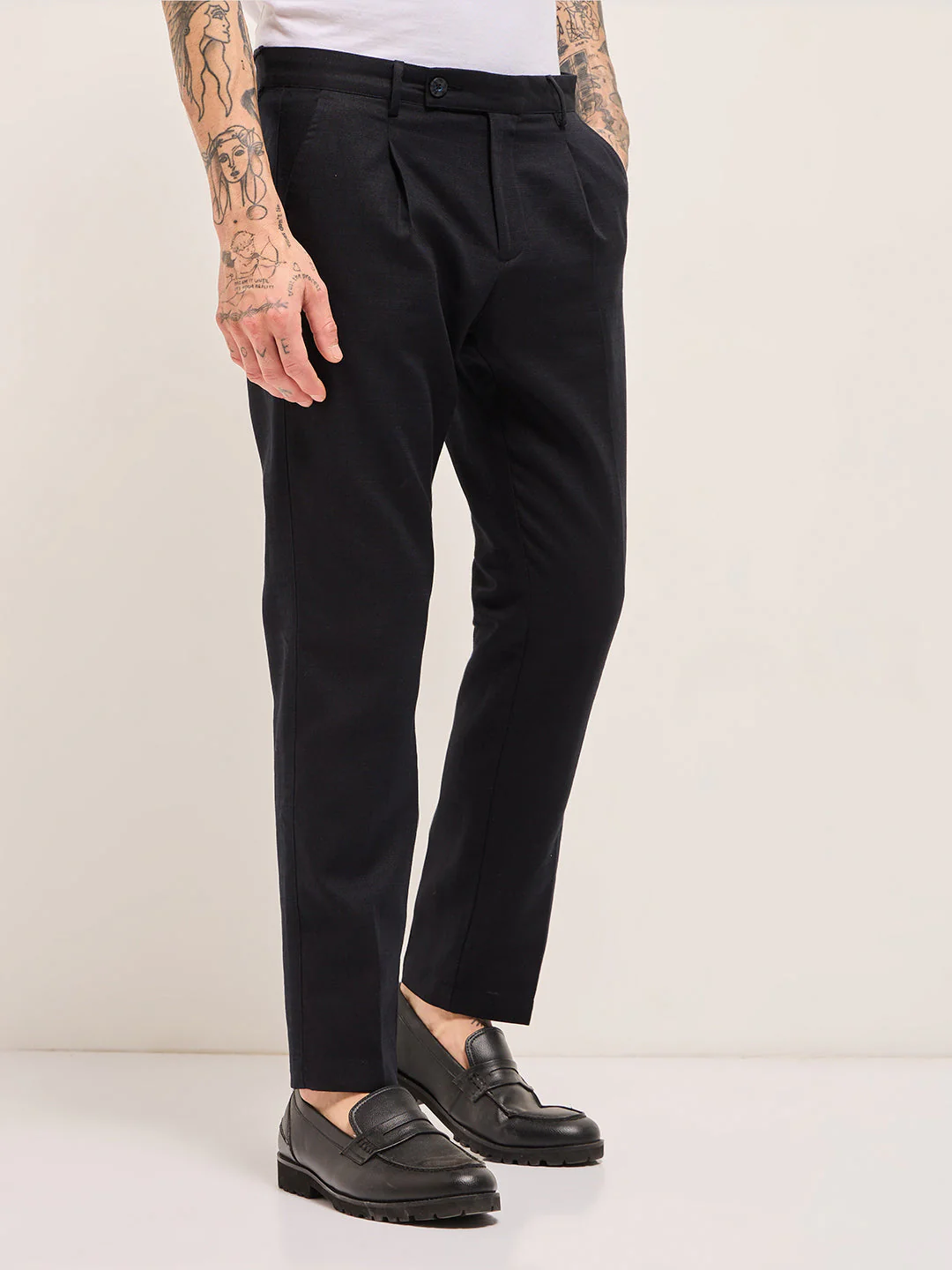 Men Dark Blue Solid Wool Regular Fit Formal Trouser - Image 3