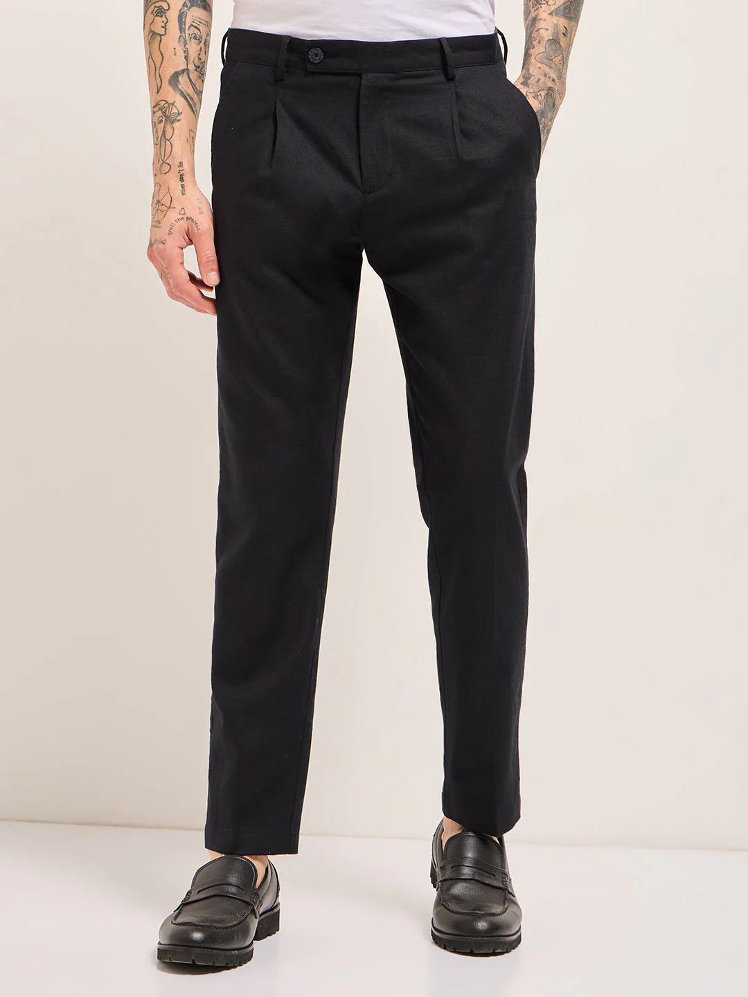 Men Dark Blue Solid Wool Regular Fit Formal Trouser - Image 7