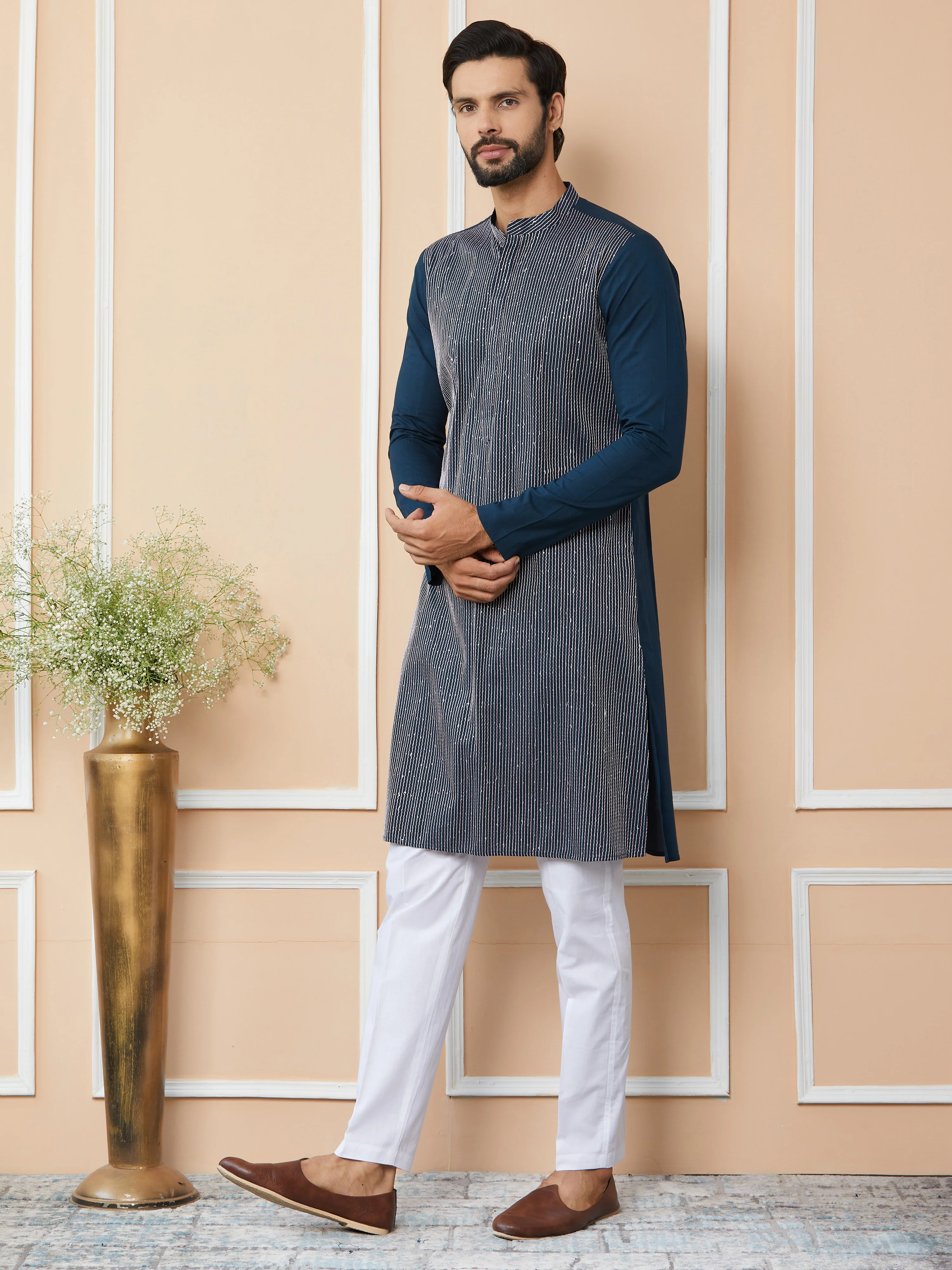Men Dark Blue Thread & Sequin Worked Pure Cotton Straight Kurta - Image 2
