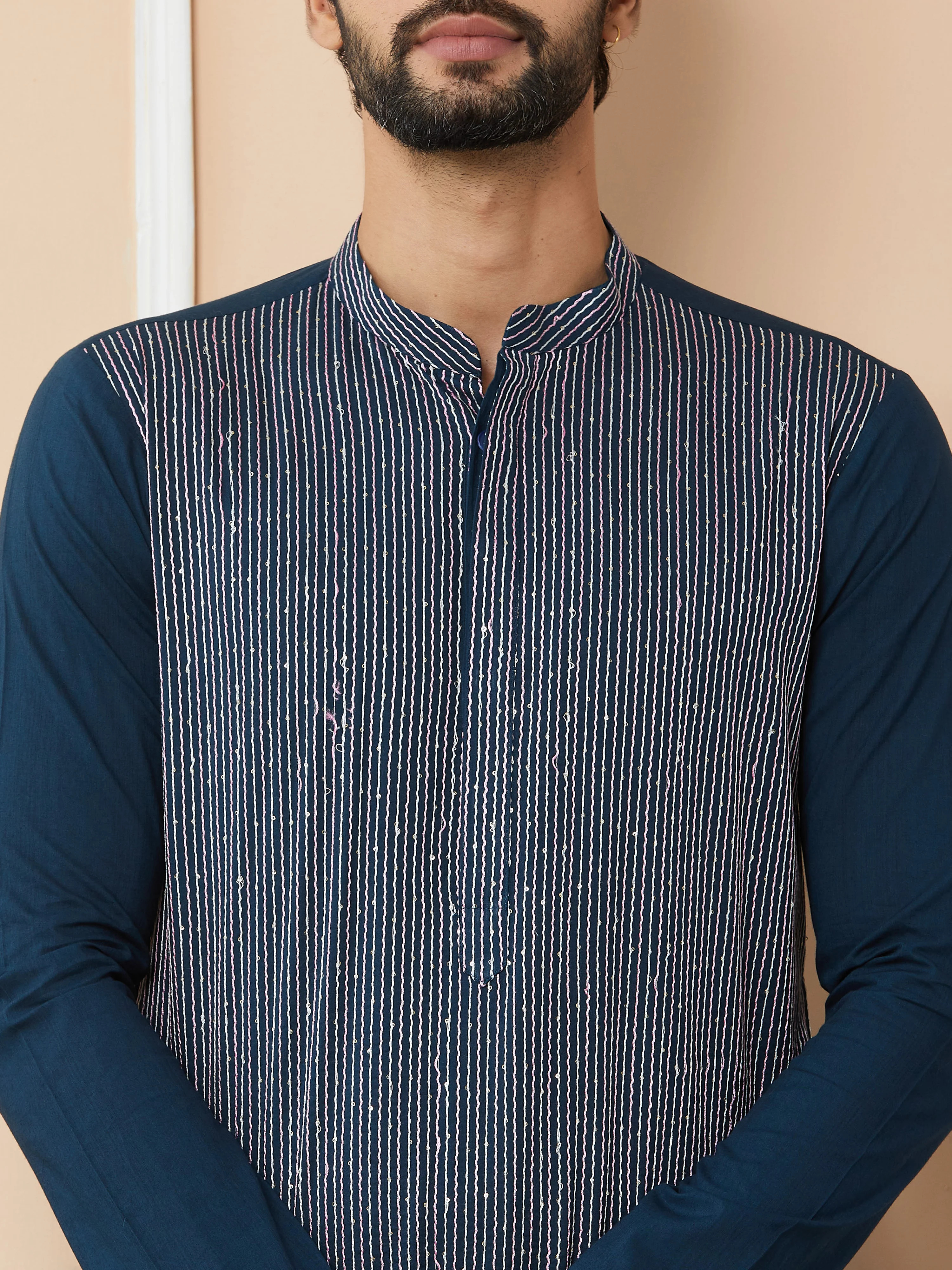 Men Dark Blue Thread & Sequin Worked Pure Cotton Straight Kurta - Image 4