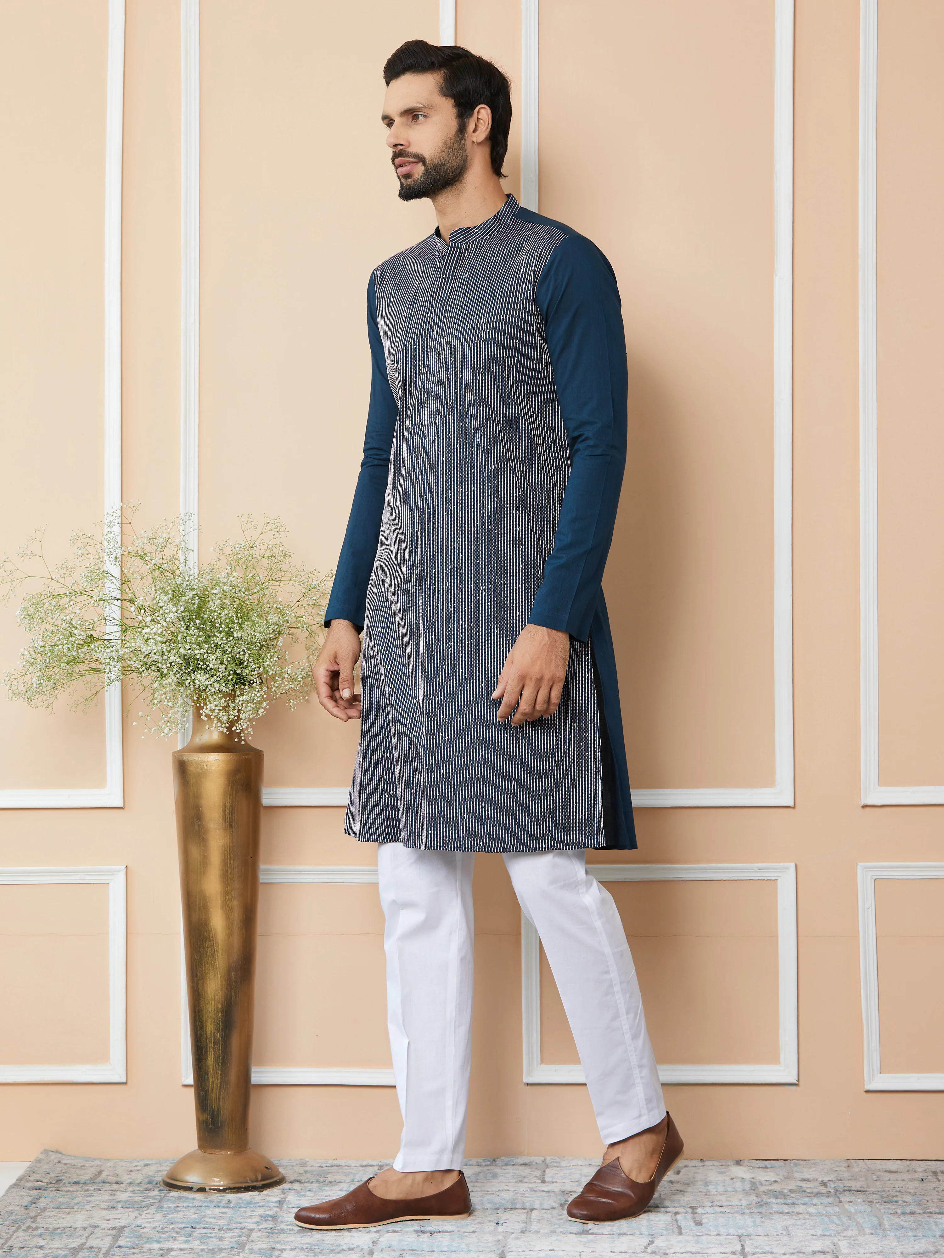 Men Dark Blue Thread & Sequin Worked Pure Cotton Straight Kurta - Image 5