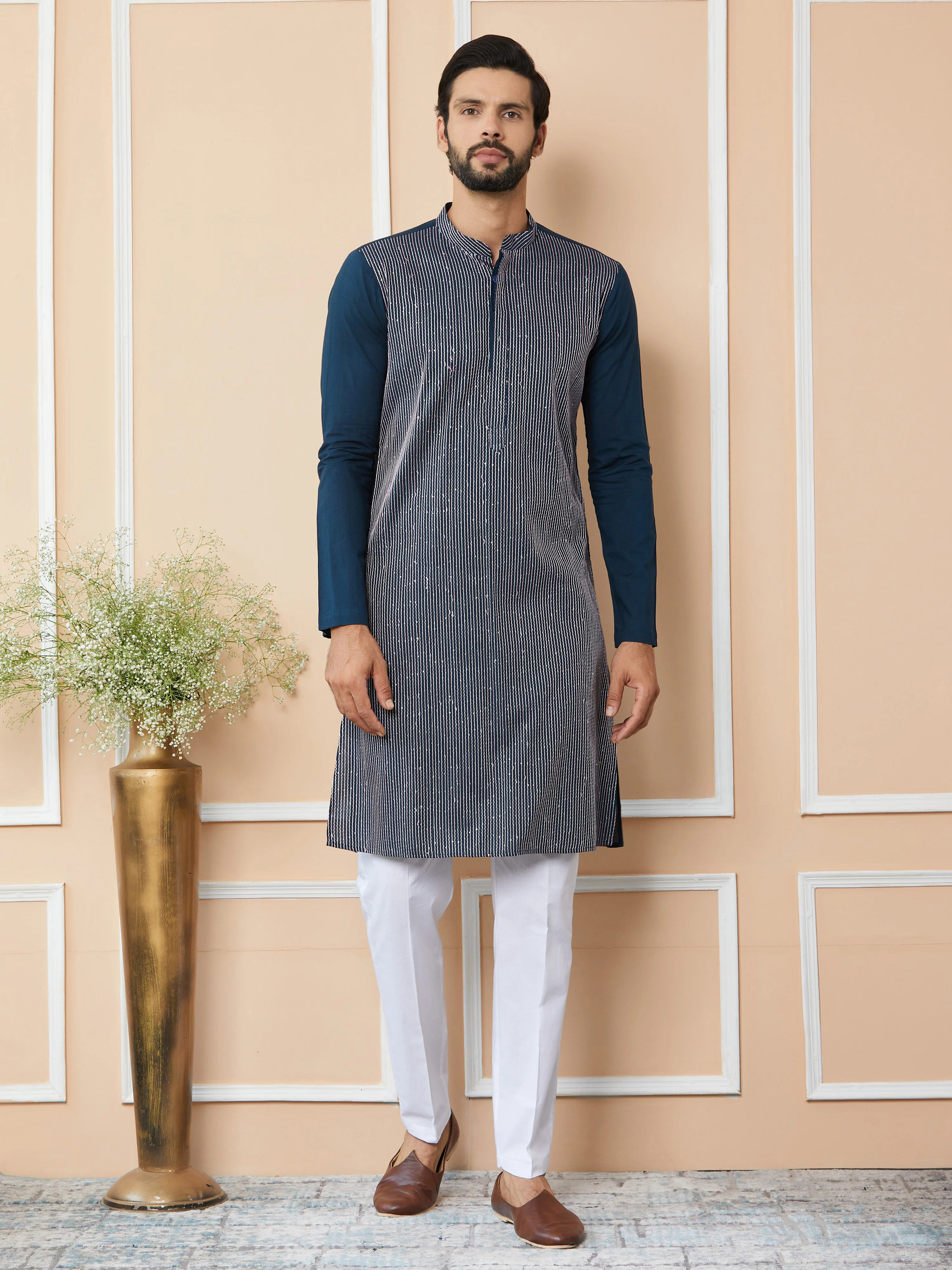 Men Dark Blue Thread & Sequin Worked Pure Cotton Straight Kurta - Image 6