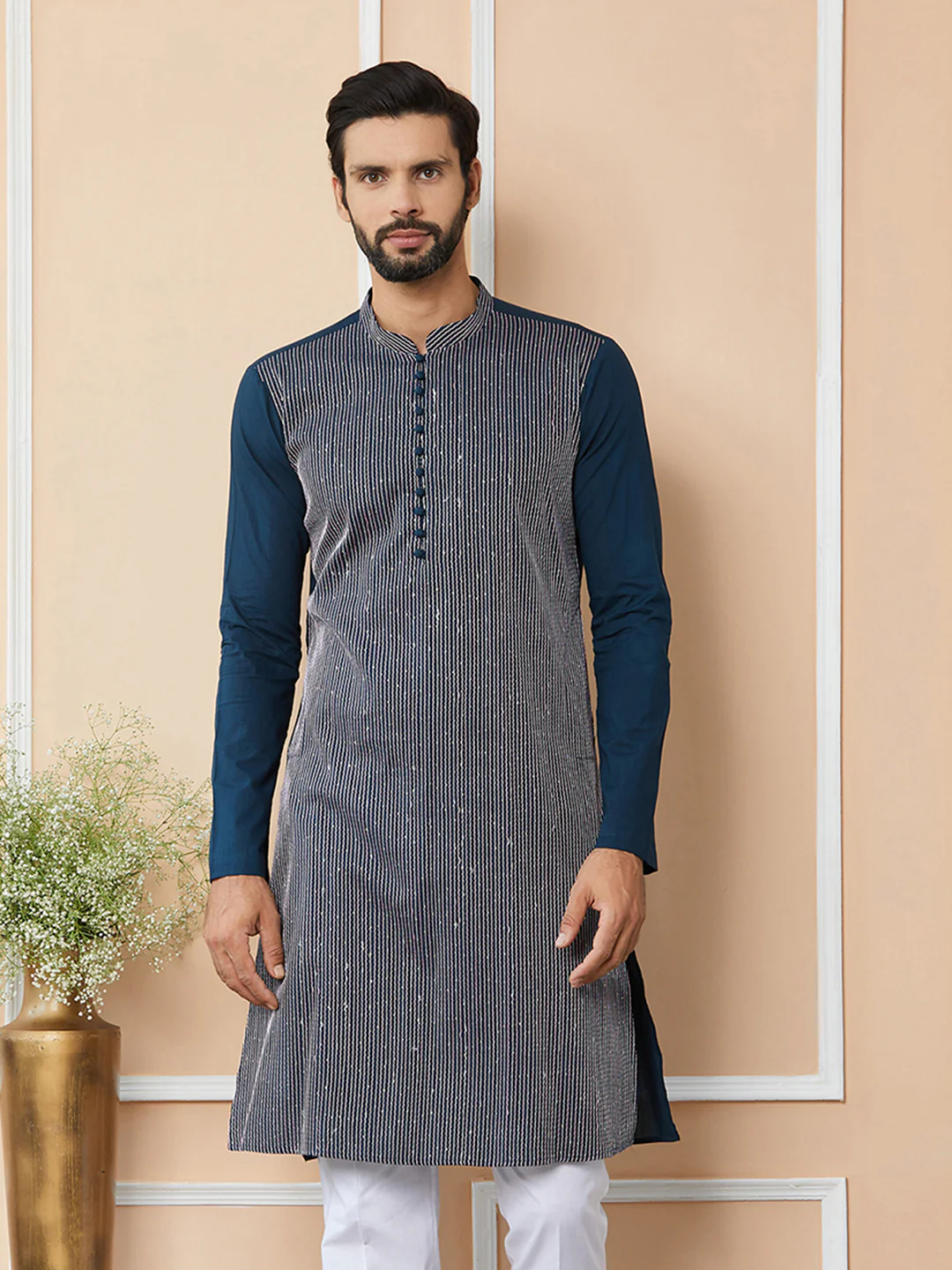 Men Dark Blue Thread & Sequin Worked Pure Cotton Straight Kurta