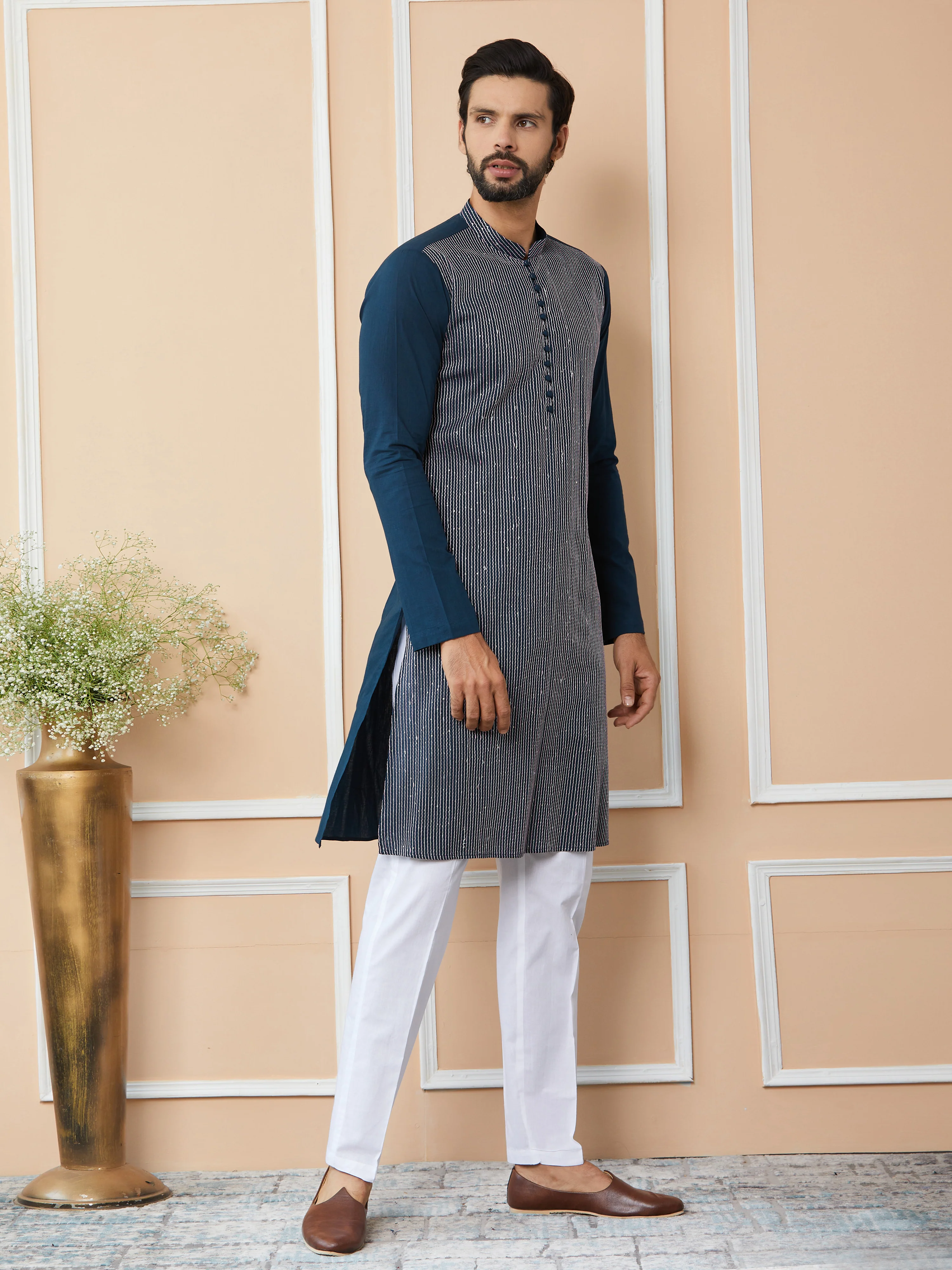 Men Dark Blue Thread & Sequin Worked Pure Cotton Straight Kurta - Image 2