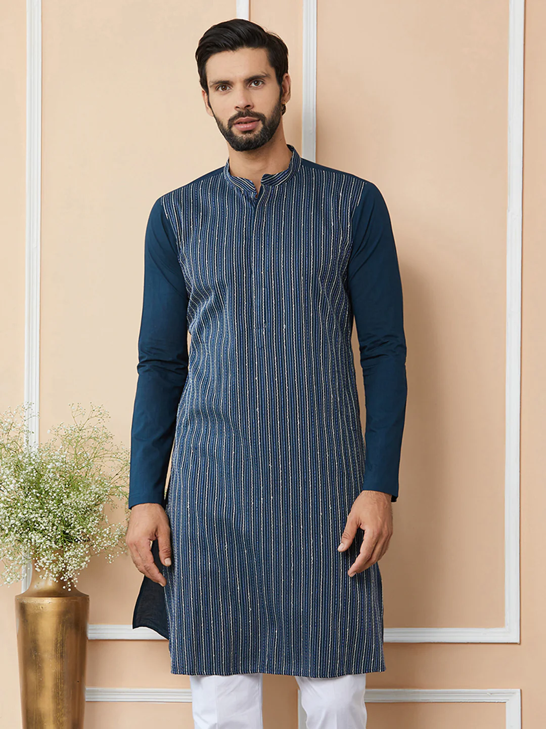 Men Dark Blue Thread & Sequin Worked Pure Cotton Straight Kurta - Image 2