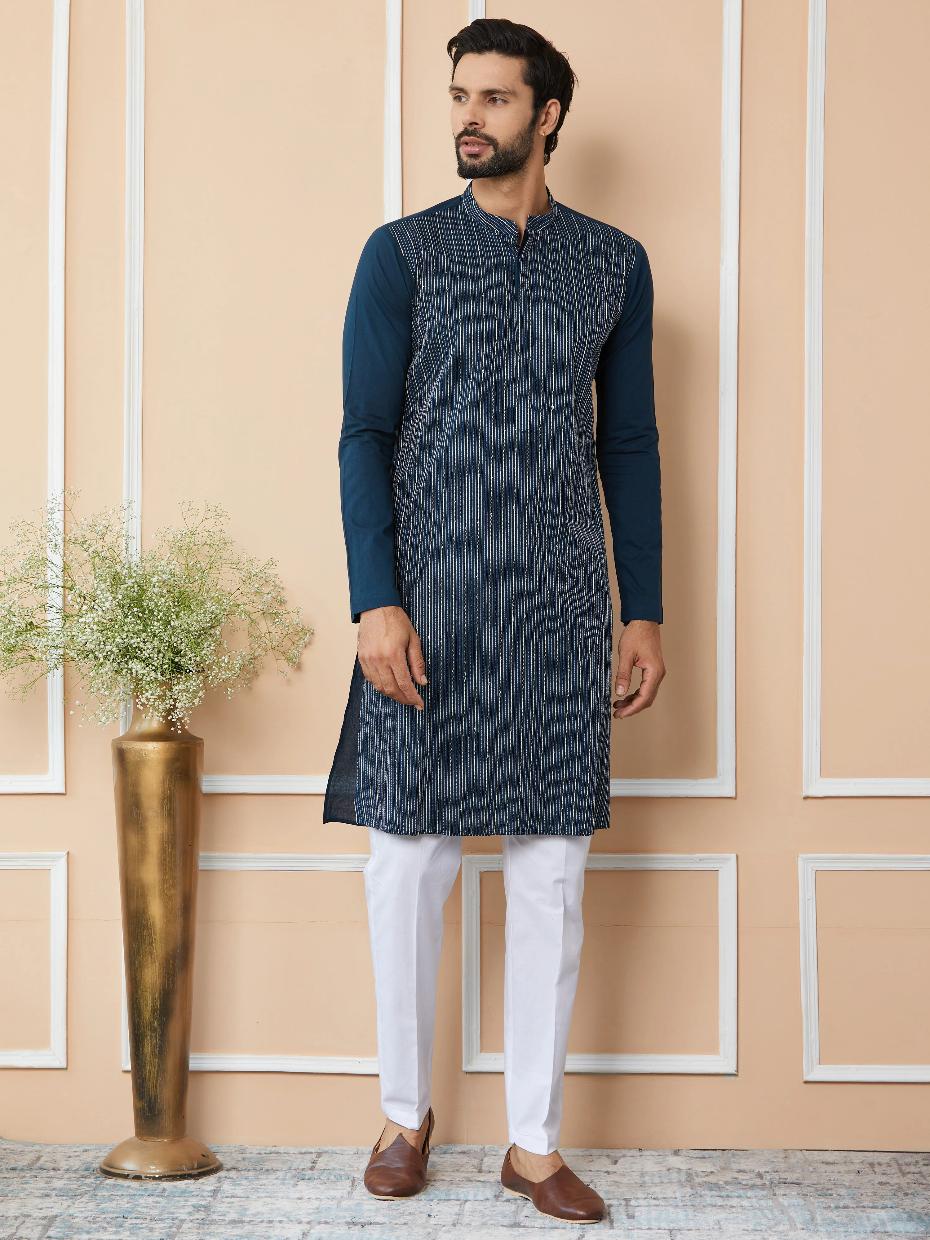 Men Dark Blue Thread & Sequin Worked Pure Cotton Straight Kurta - Image 3