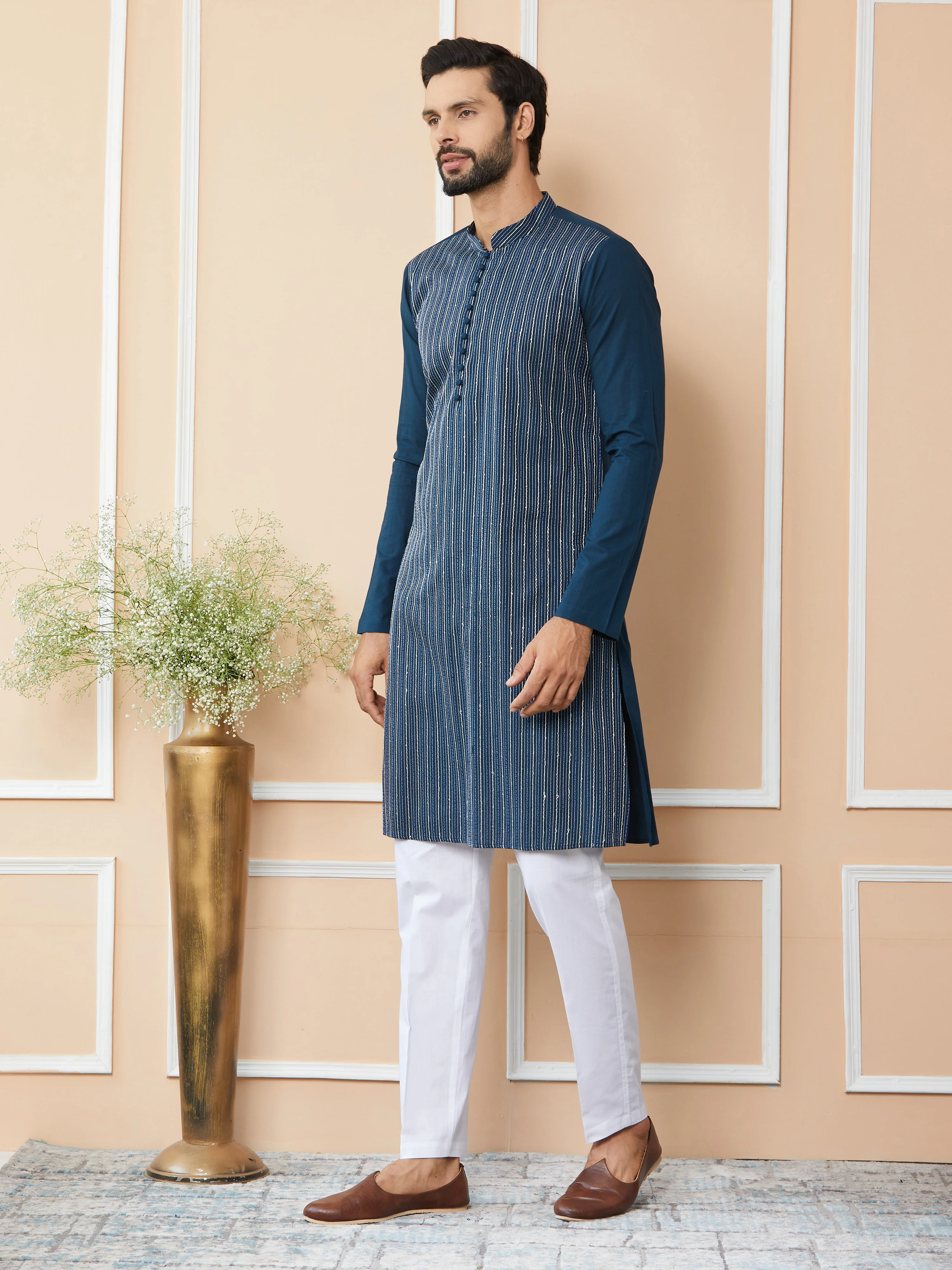 Men Dark Blue Thread & Sequin Worked Pure Cotton Straight Kurta - Image 2
