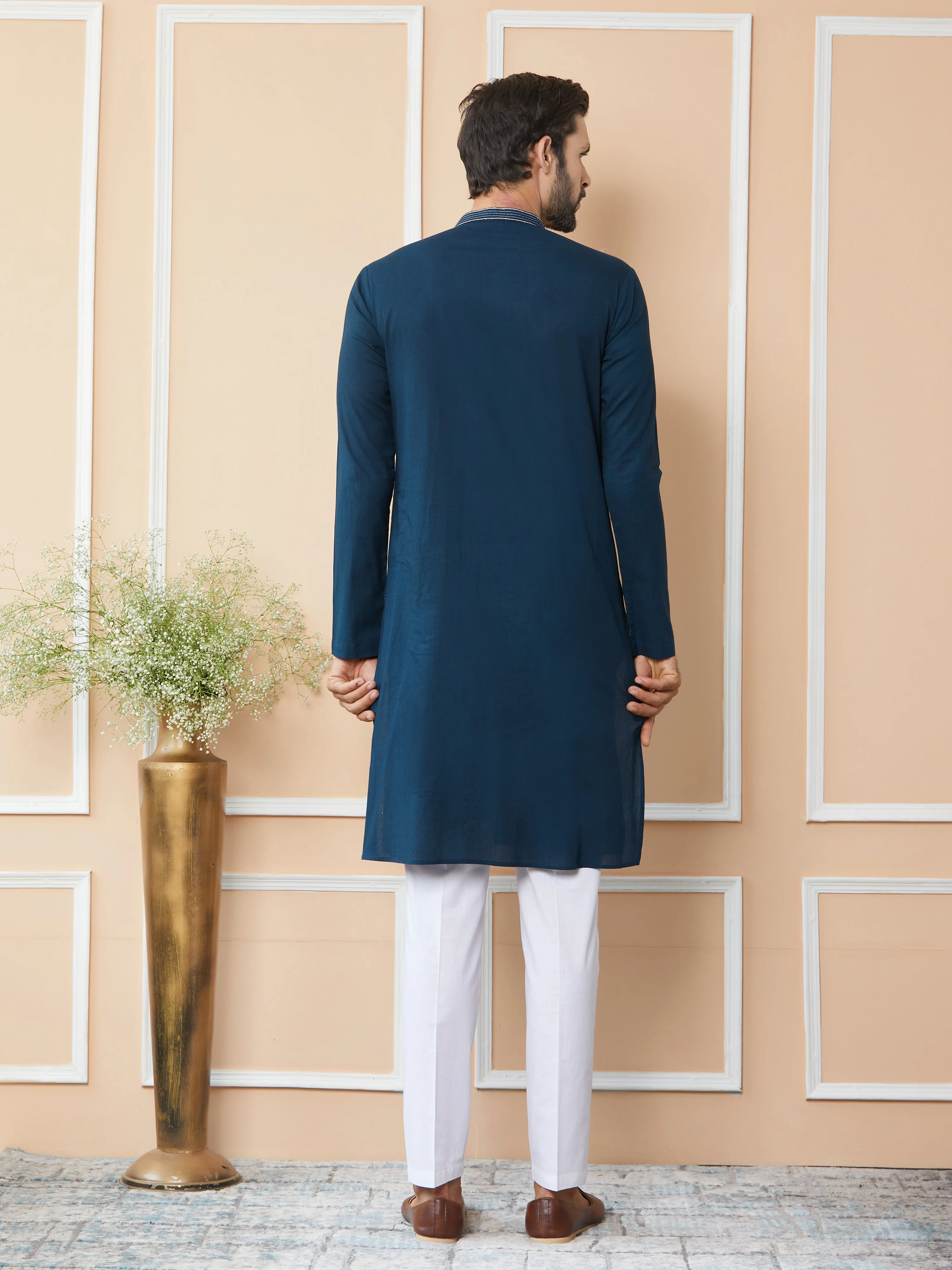 Men Dark Blue Thread & Sequin Worked Pure Cotton Straight Kurta - Image 3