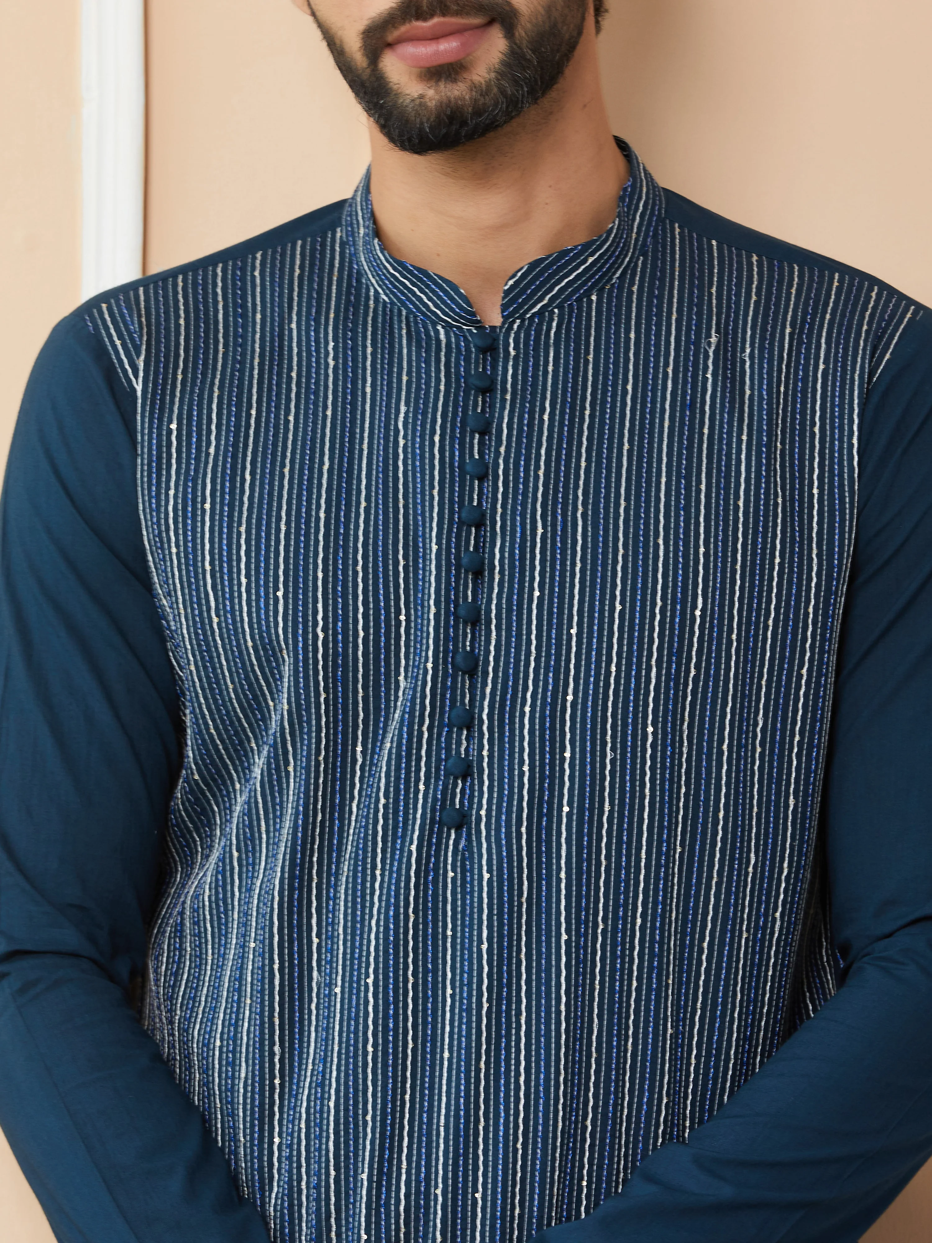 Men Dark Blue Thread & Sequin Worked Pure Cotton Straight Kurta - Image 4