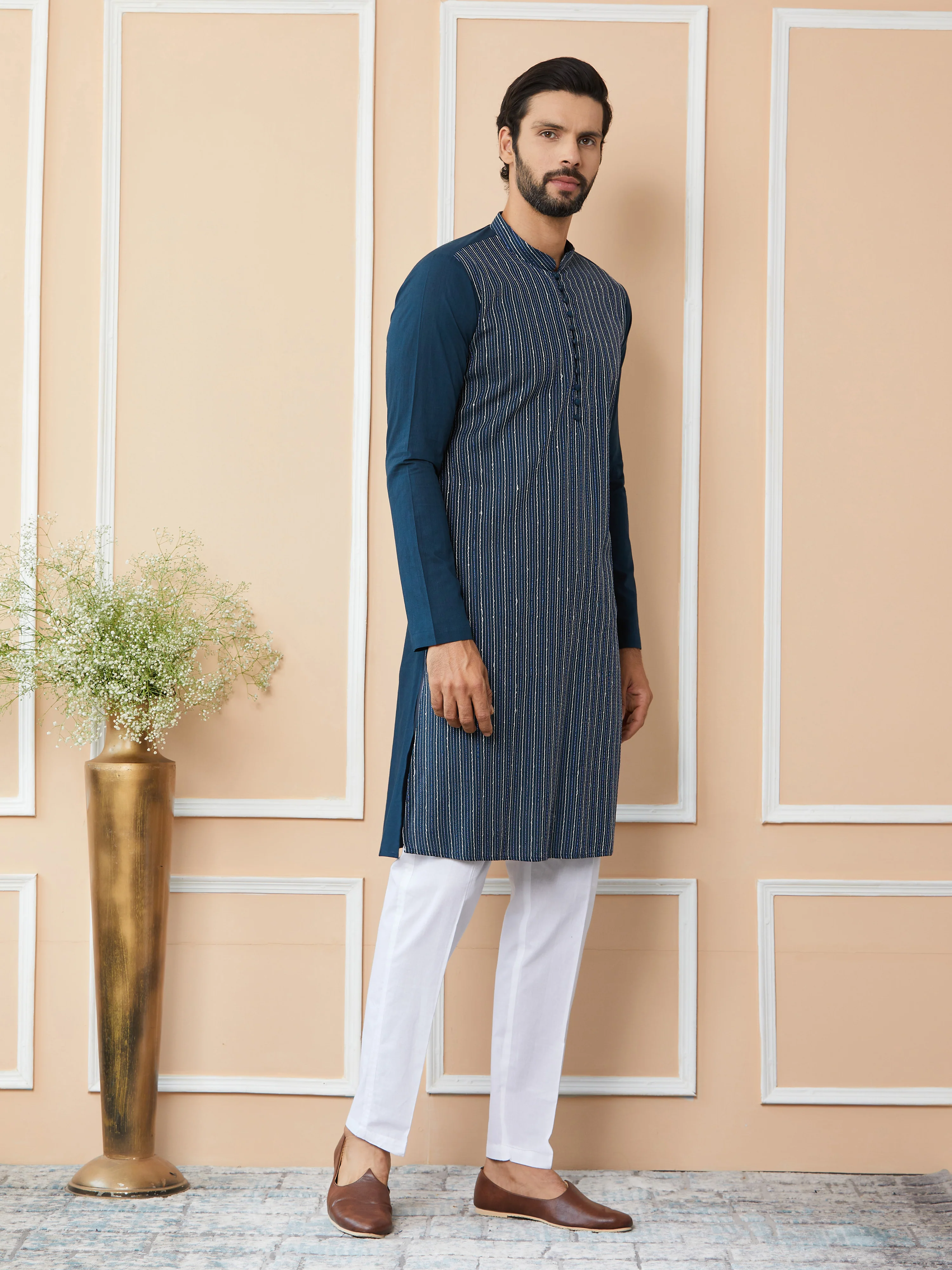Men Dark Blue Thread & Sequin Worked Pure Cotton Straight Kurta - Image 5