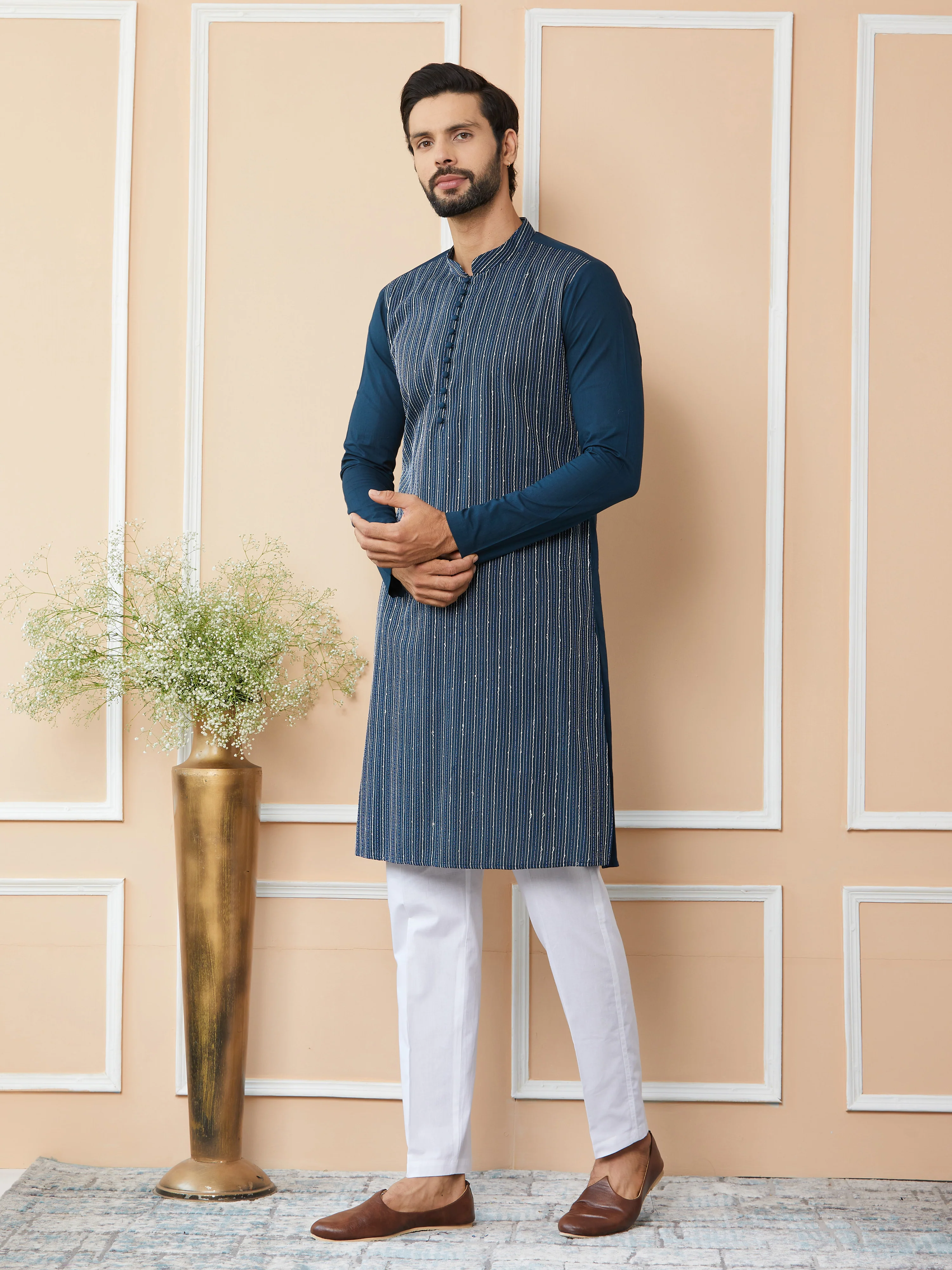 Men Dark Blue Thread & Sequin Worked Pure Cotton Straight Kurta - Image 6