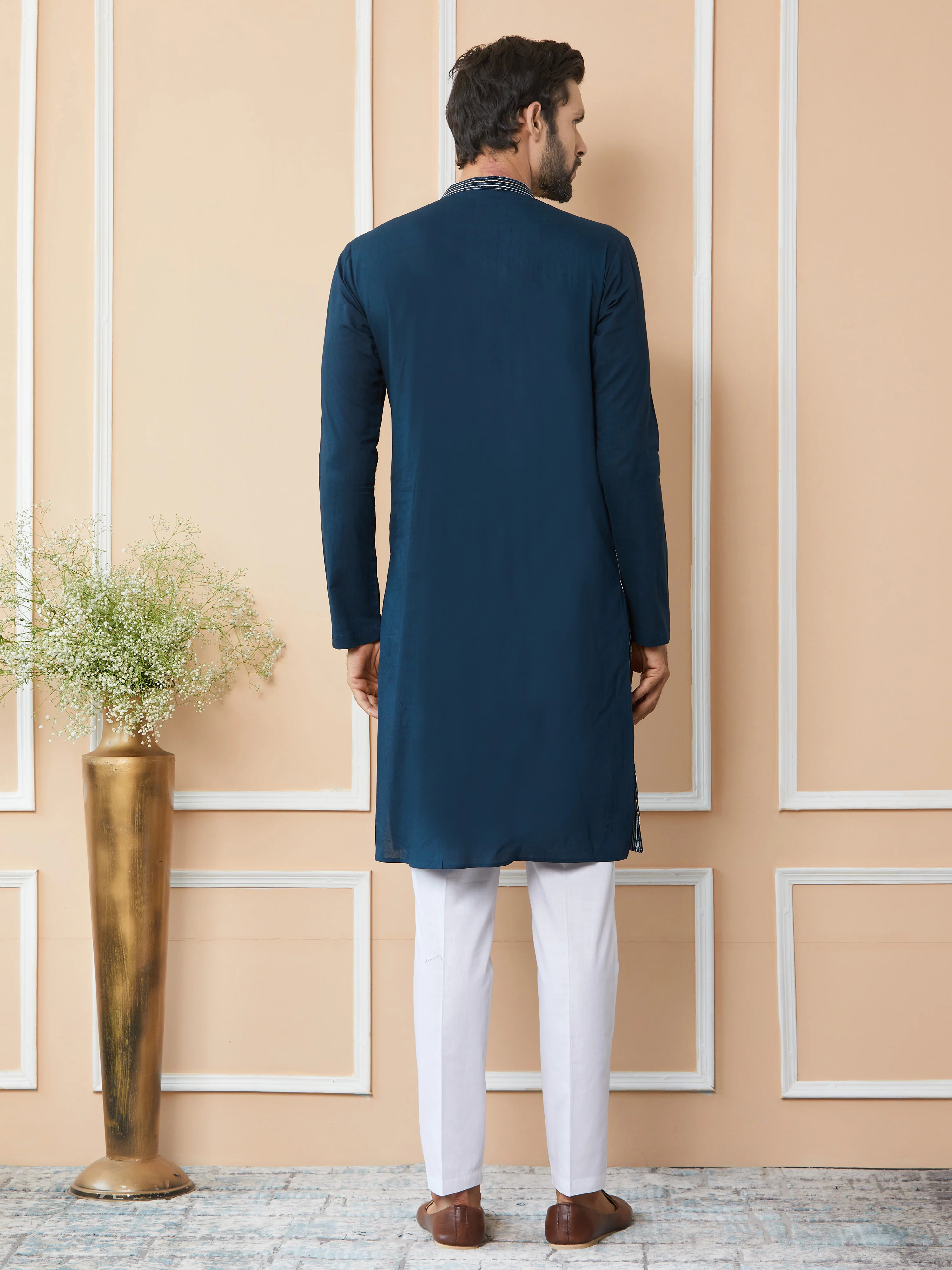 Men Dark Blue Thread & Sequin Worked Pure Cotton Straight Kurta - Image 2