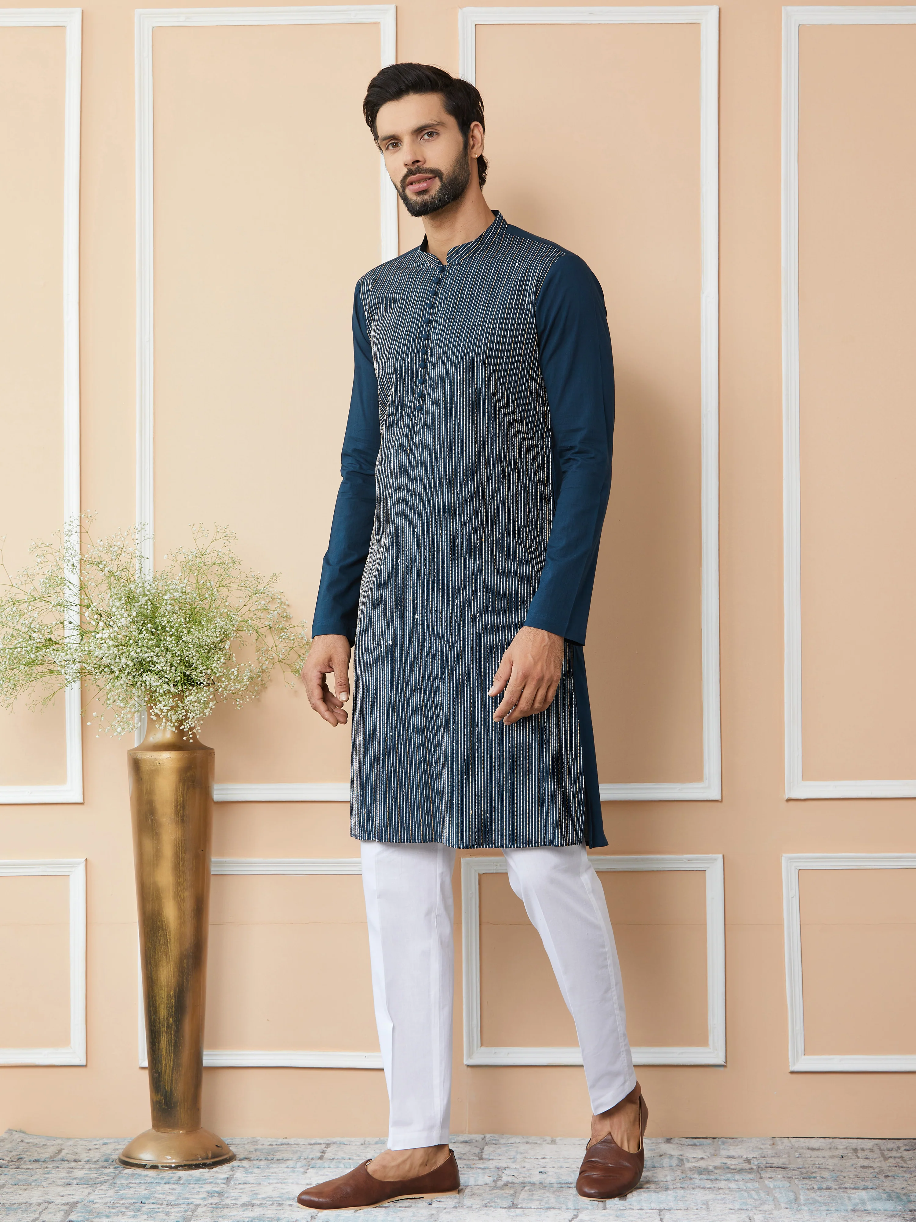 Men Dark Blue Thread & Sequin Worked Pure Cotton Straight Kurta - Image 3