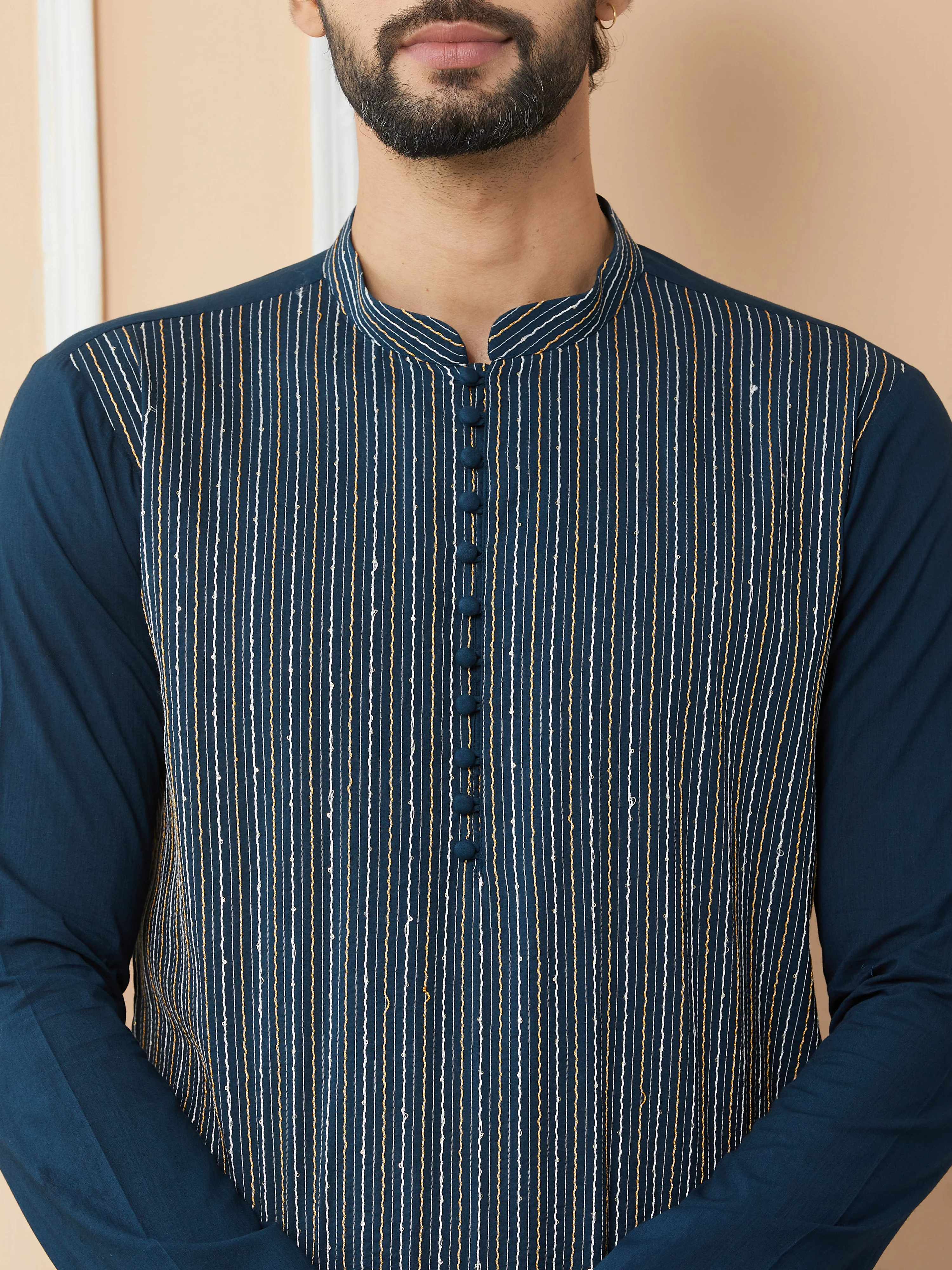Men Dark Blue Thread & Sequin Worked Pure Cotton Straight Kurta - Image 4