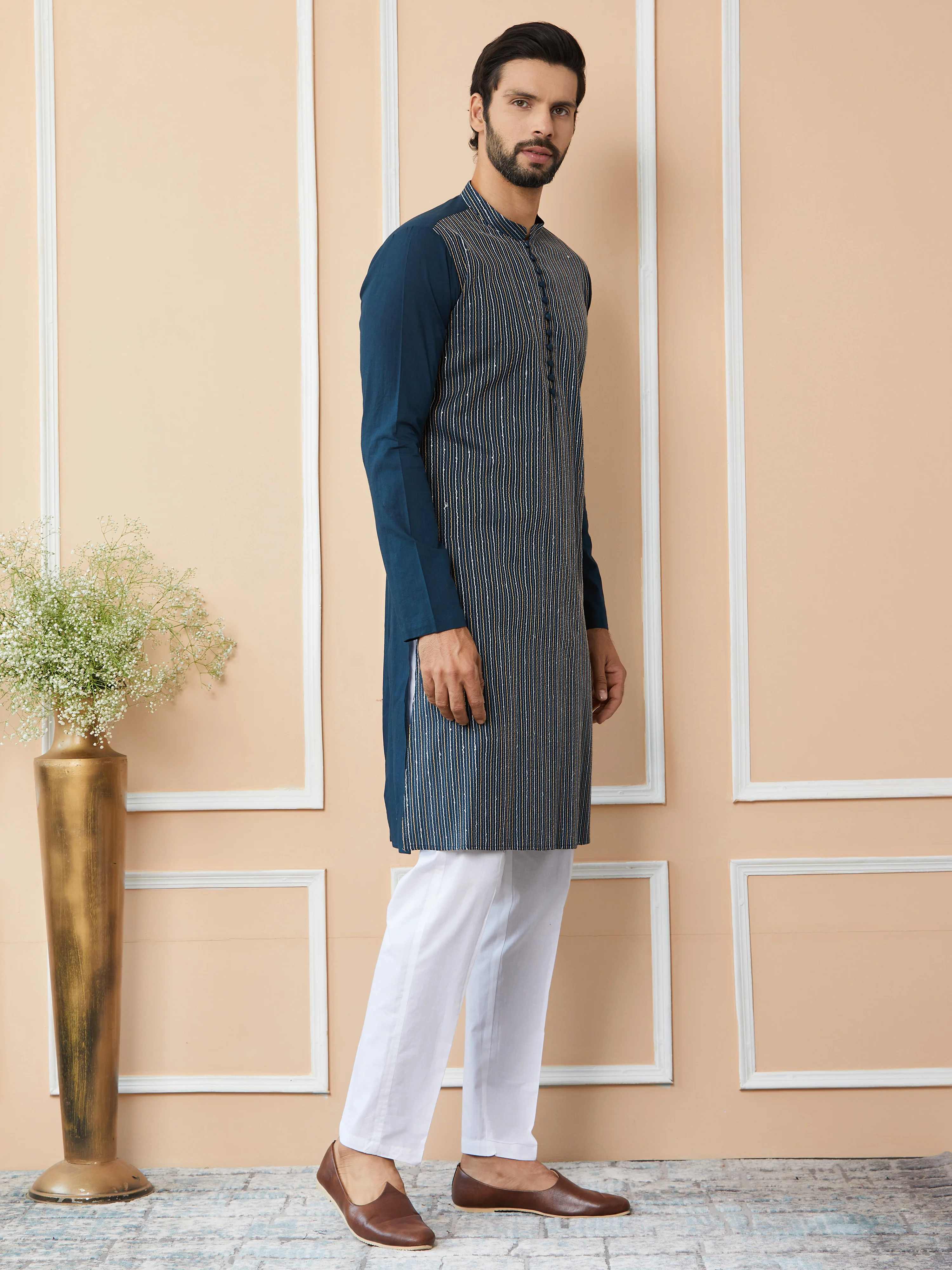 Men Dark Blue Thread & Sequin Worked Pure Cotton Straight Kurta - Image 5