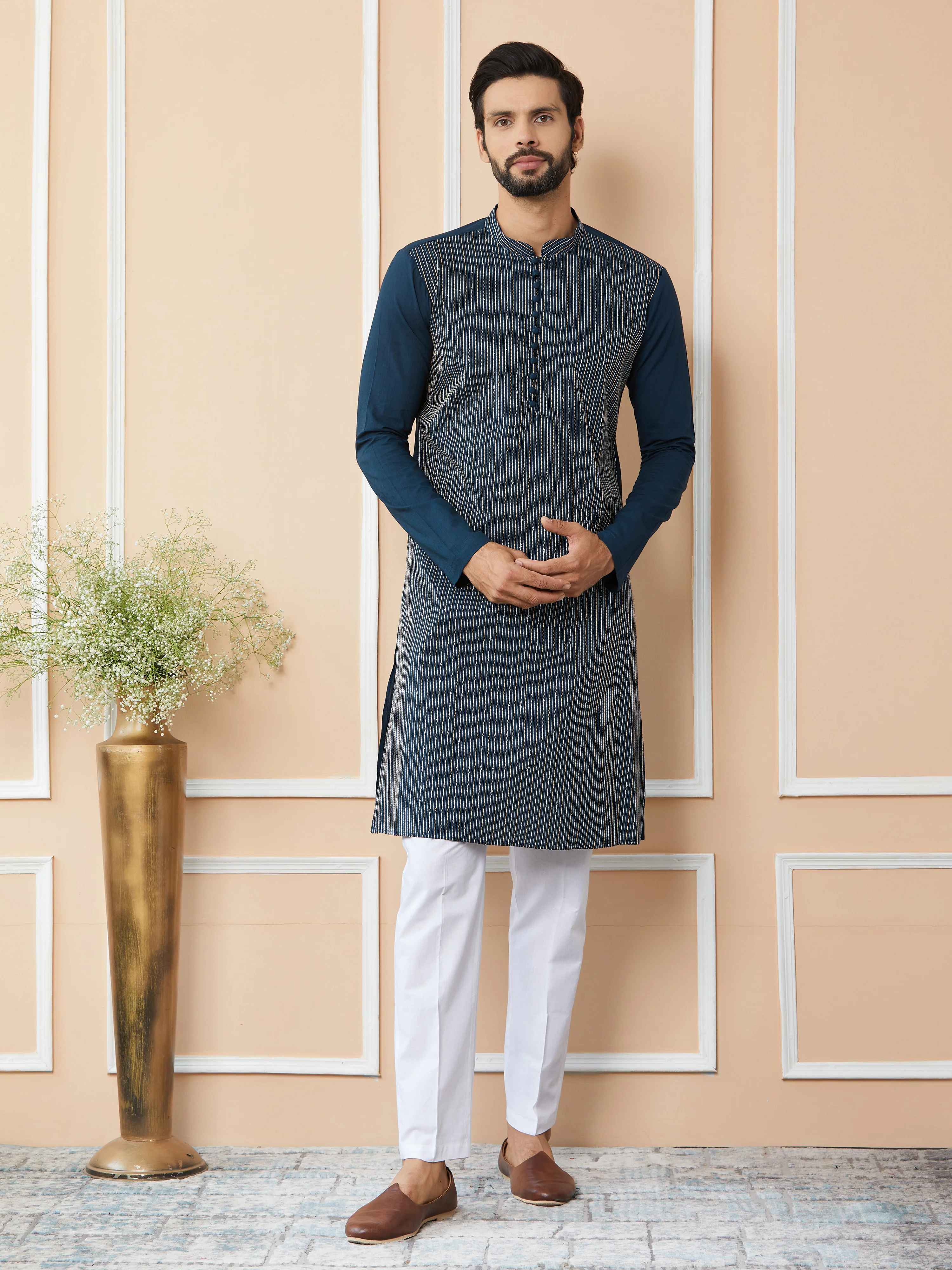 Men Dark Blue Thread & Sequin Worked Pure Cotton Straight Kurta - Image 6