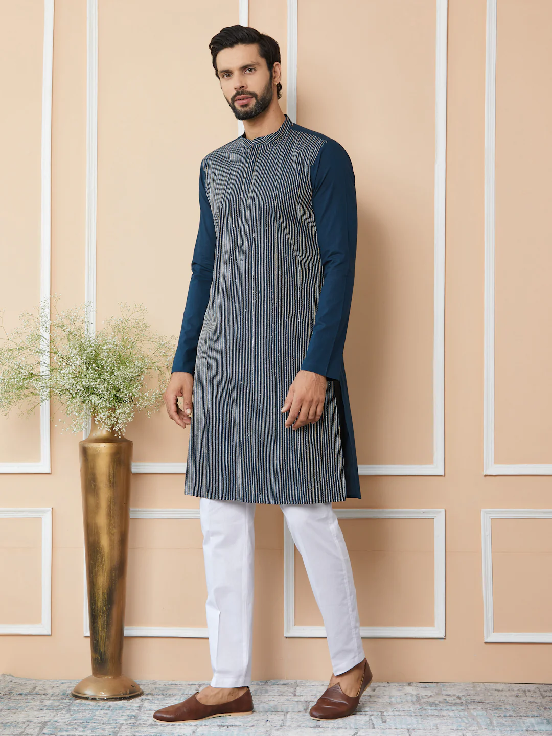 Men Dark Blue Thread & Sequin Worked Pure Cotton Straight Kurta - Image 2