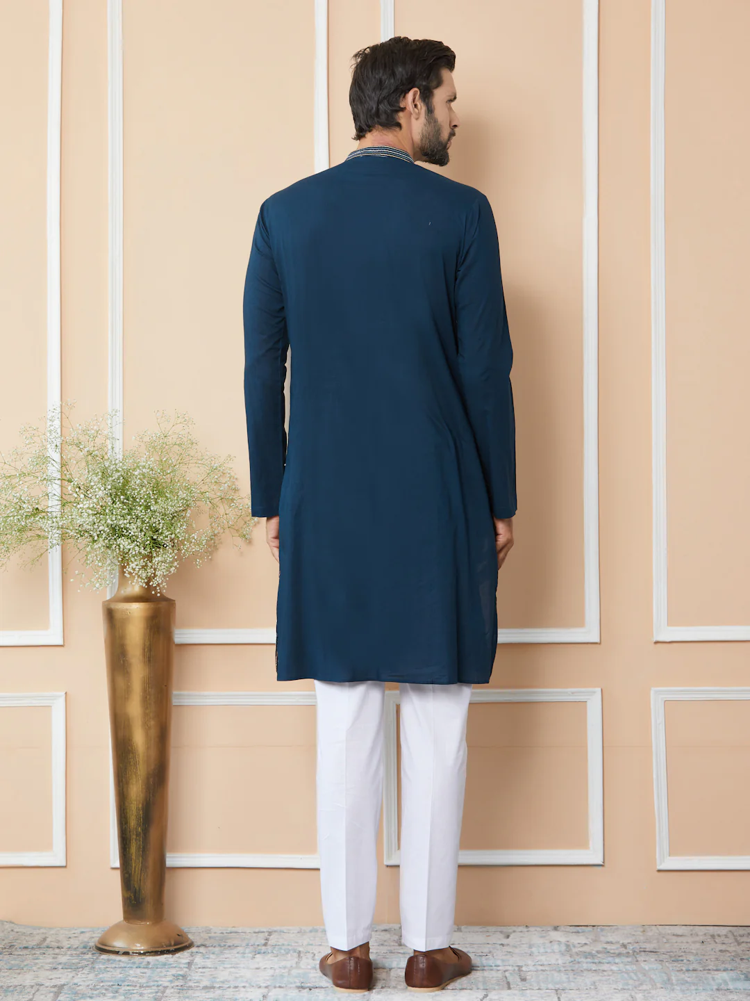 Men Dark Blue Thread & Sequin Worked Pure Cotton Straight Kurta - Image 3