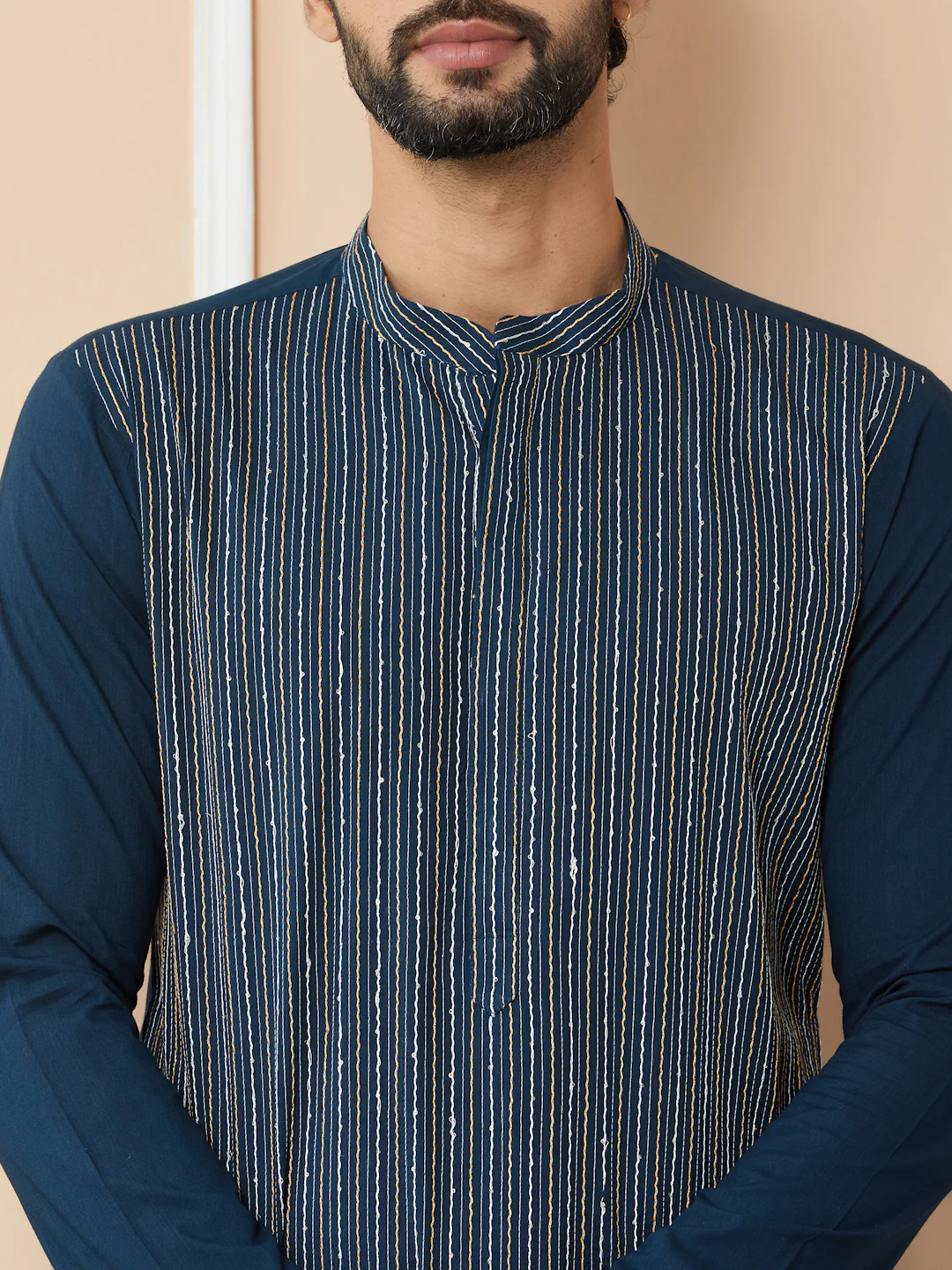 Men Dark Blue Thread & Sequin Worked Pure Cotton Straight Kurta - Image 4