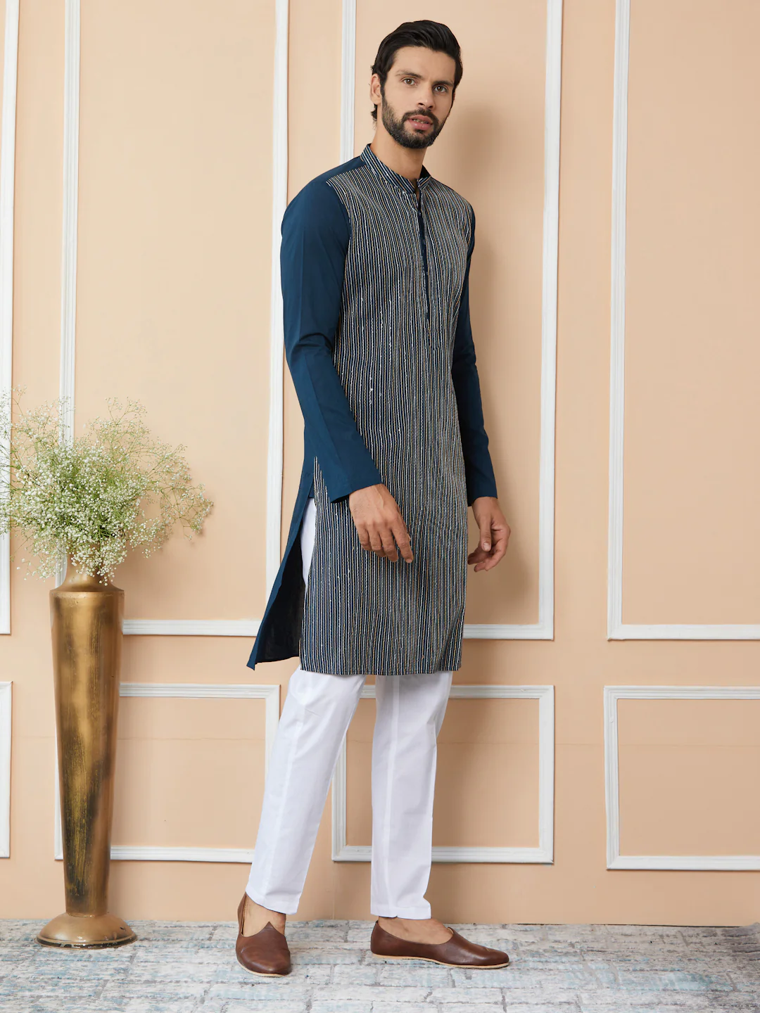 Men Dark Blue Thread & Sequin Worked Pure Cotton Straight Kurta - Image 5
