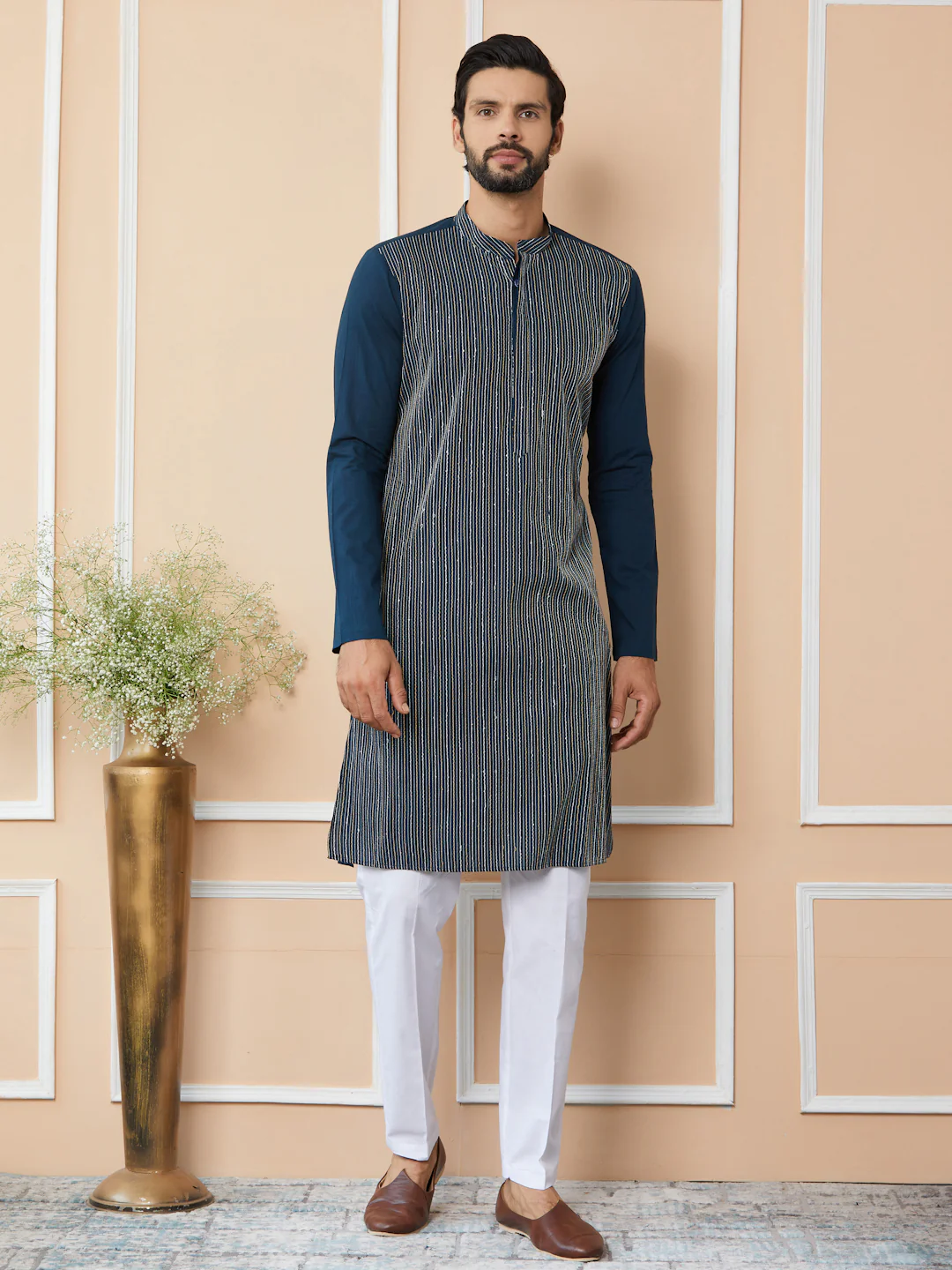 Men Dark Blue Thread & Sequin Worked Pure Cotton Straight Kurta - Image 6