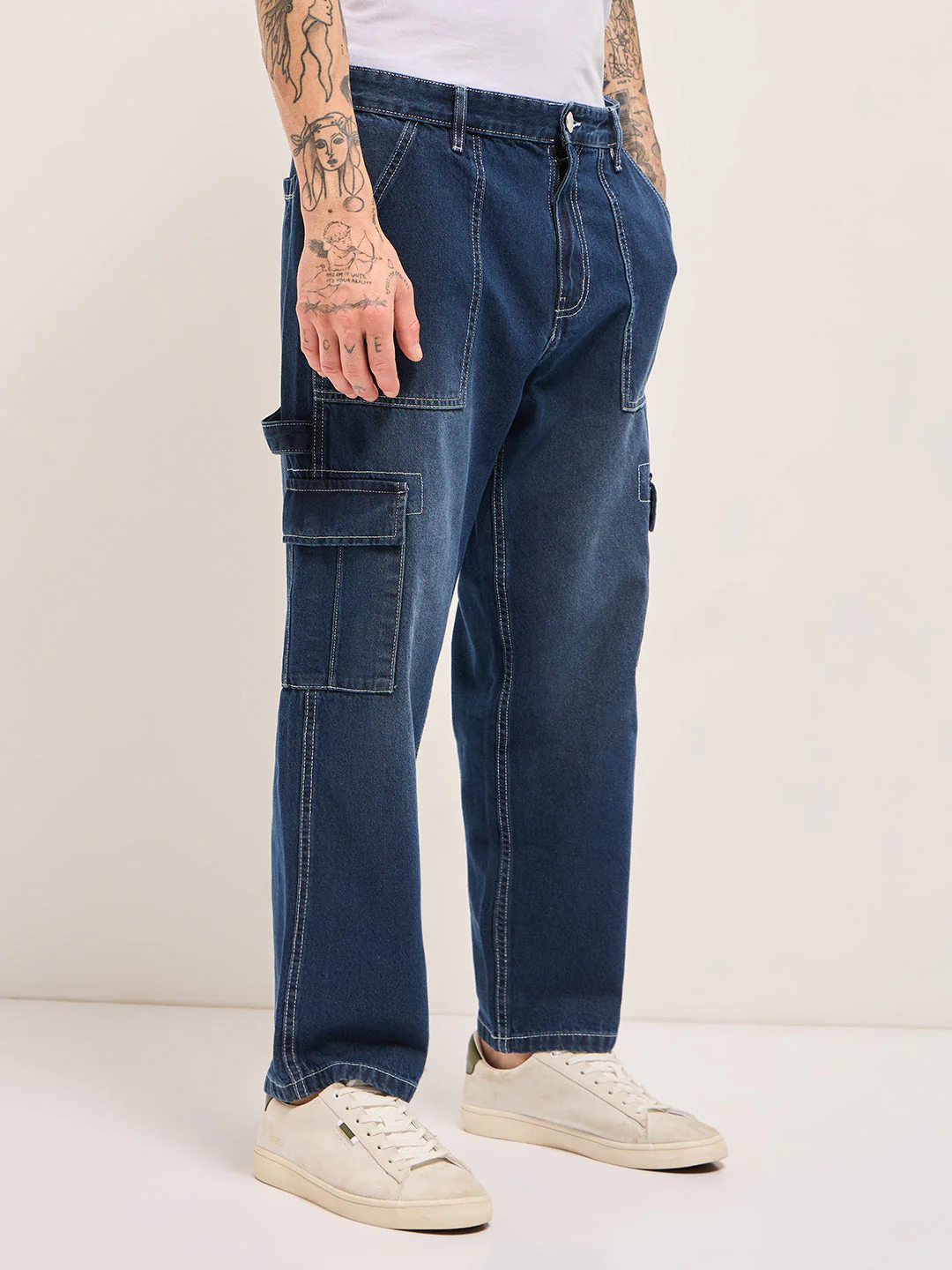Men Dark BlueMid Fade Mid-Rise Elasticated Waist Baggy Fit Cargo Jeans - Image 3