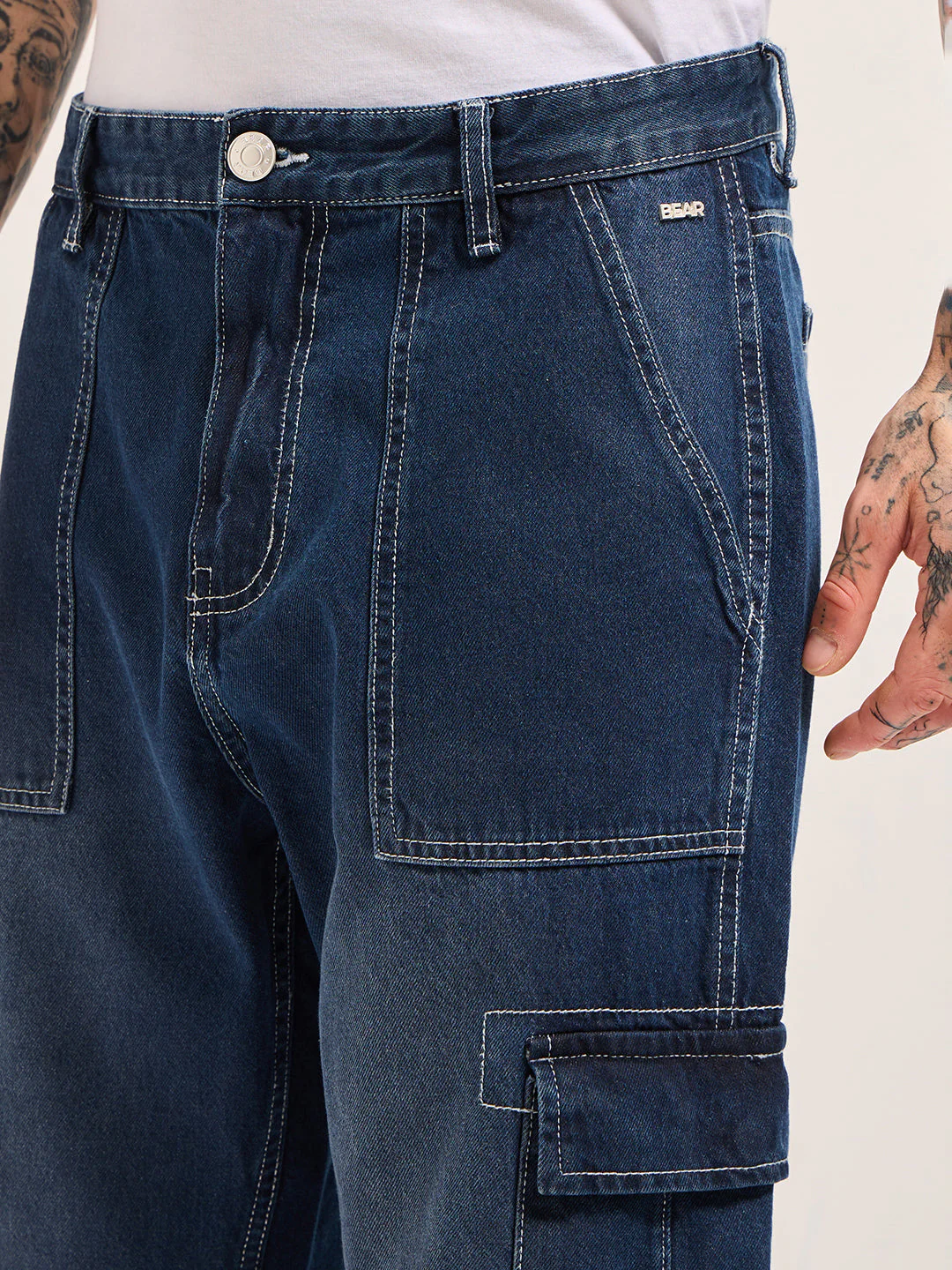 Men Dark BlueMid Fade Mid-Rise Elasticated Waist Baggy Fit Cargo Jeans - Image 5