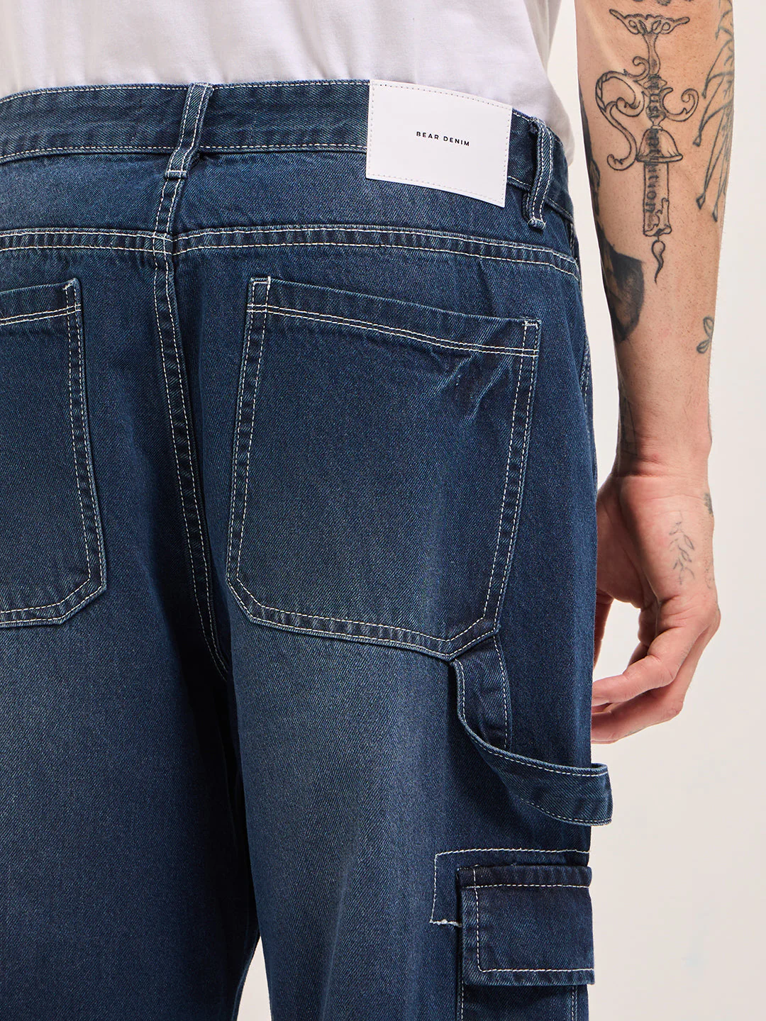 Men Dark BlueMid Fade Mid-Rise Elasticated Waist Baggy Fit Cargo Jeans - Image 6