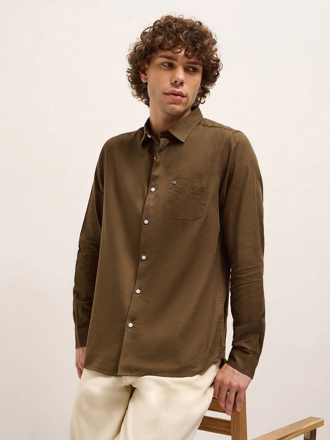 Men Dark Brown Solid Slim Fit Casual Shirt