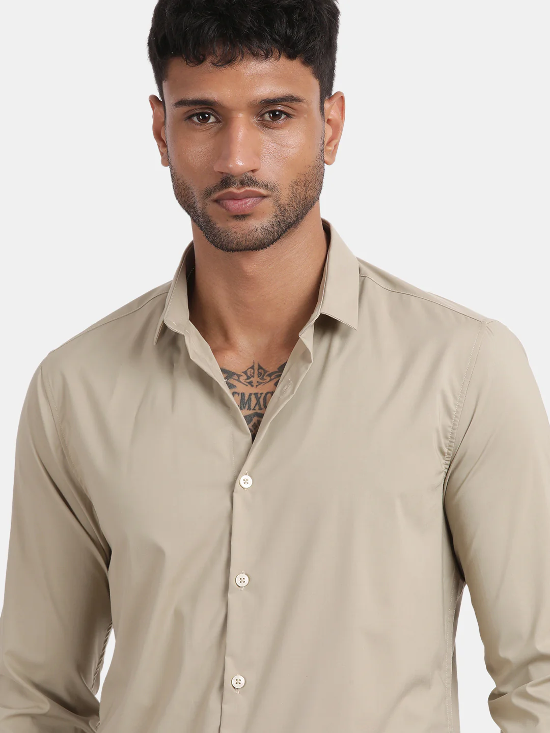 Men Dark cream Slim Fit Spread Collar Full Sleeve Casual Shirt - Image 3
