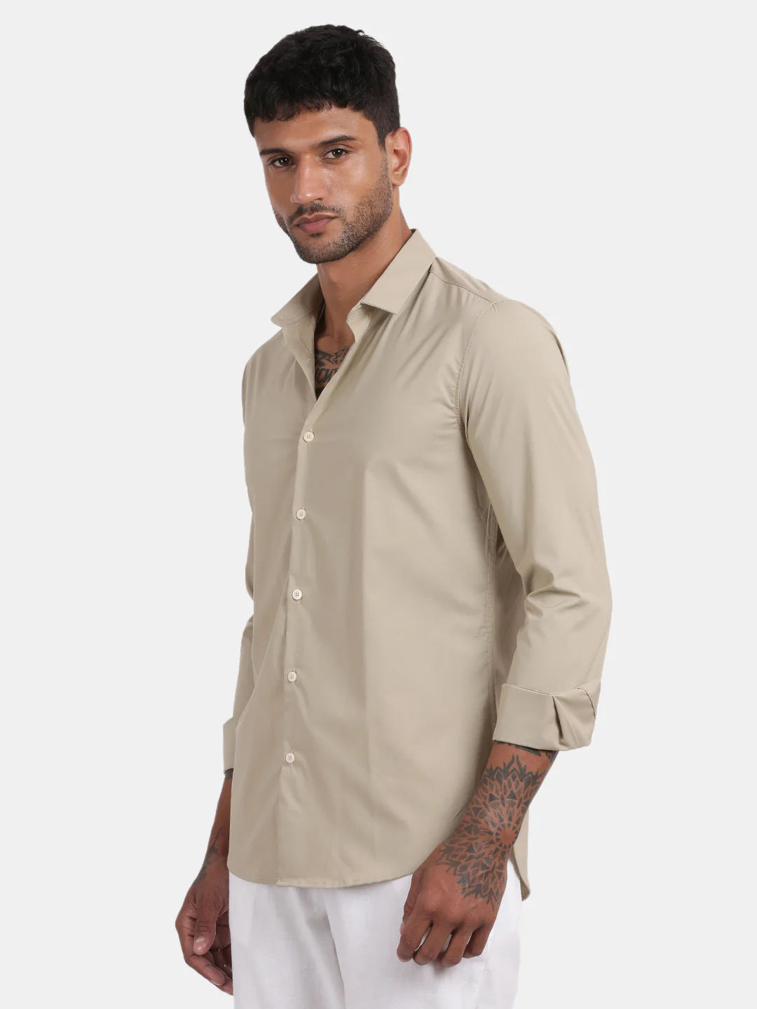Men Dark cream Slim Fit Spread Collar Full Sleeve Casual Shirt - Image 4