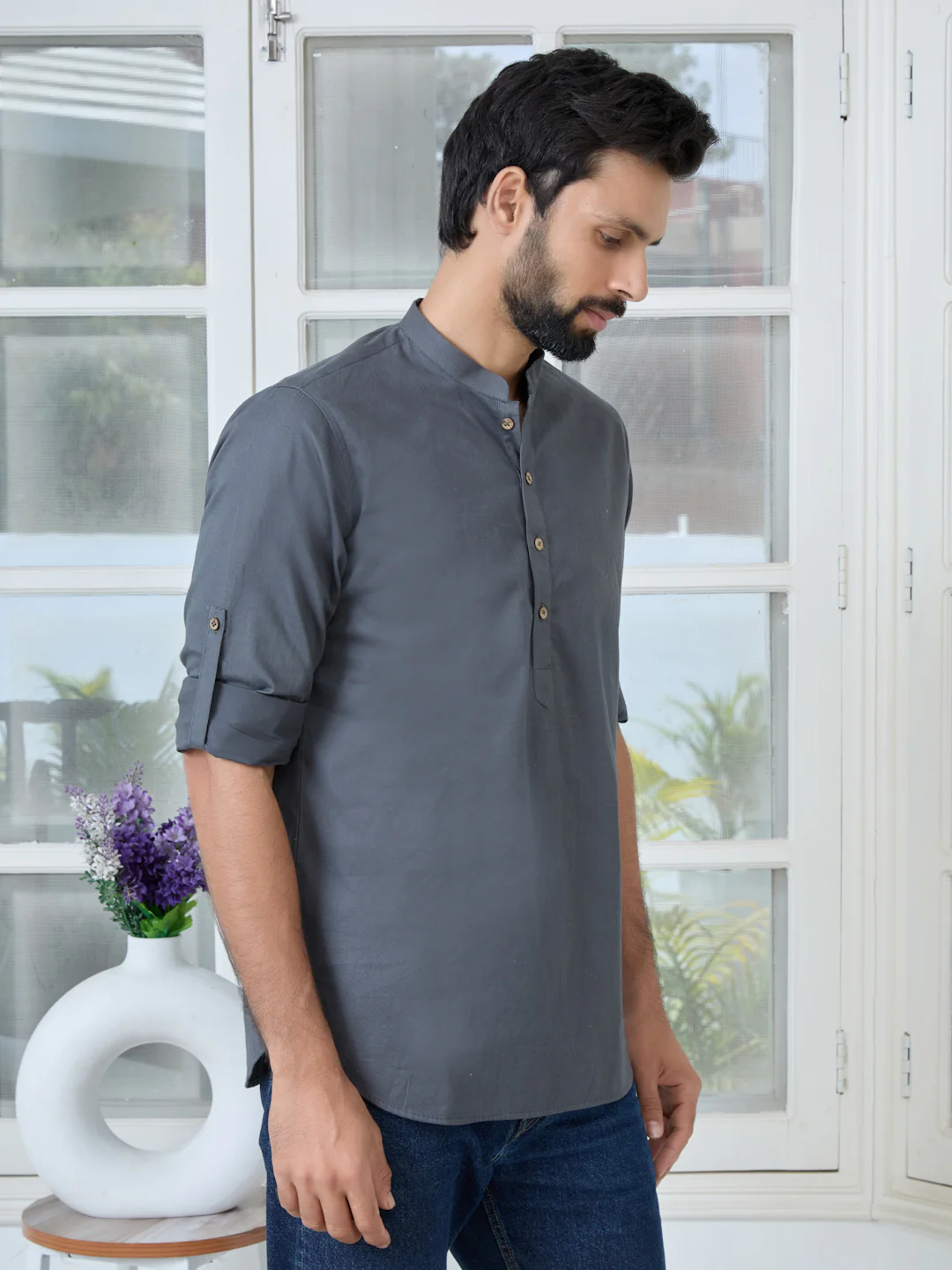 Men Dark Grey Solid Cotton Short Kurta - Image 3
