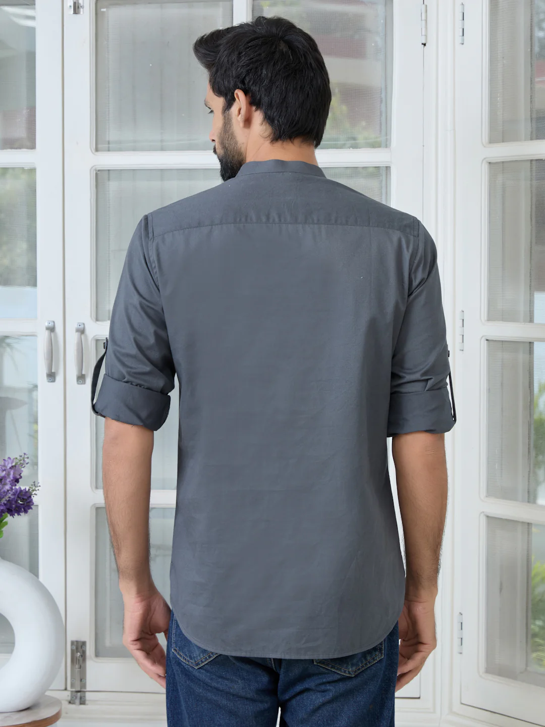 Men Dark Grey Solid Cotton Short Kurta - Image 4