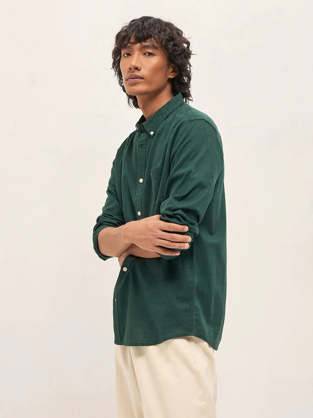 Men Dark Green Cotton Solid Slim Fit Casual Shirt - Image 3