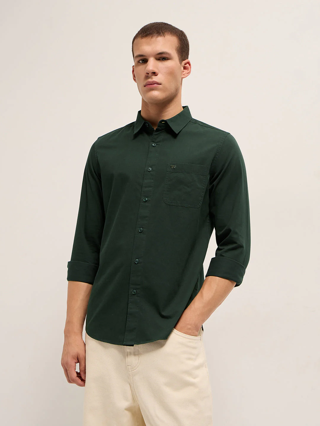 Men Dark Green Cotton Solid Slim Fit Casual Shirt - Image 5