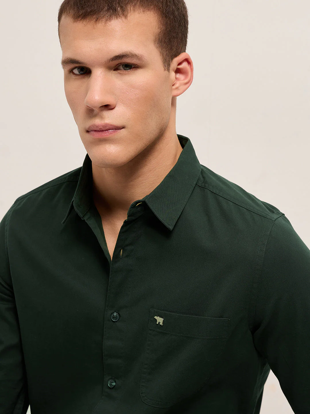 Men Dark Green Cotton Solid Slim Fit Casual Shirt - Image 6