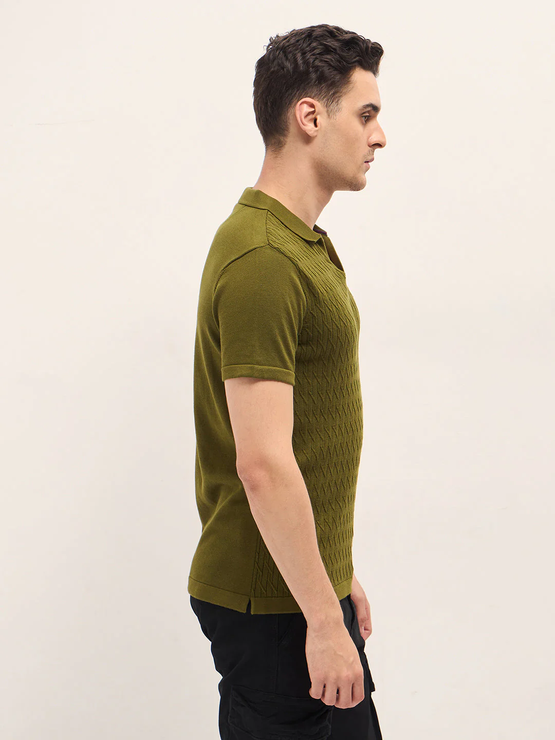 Men Dark Green Diagonal Knit Texture Regular Fit Polo - Image 3