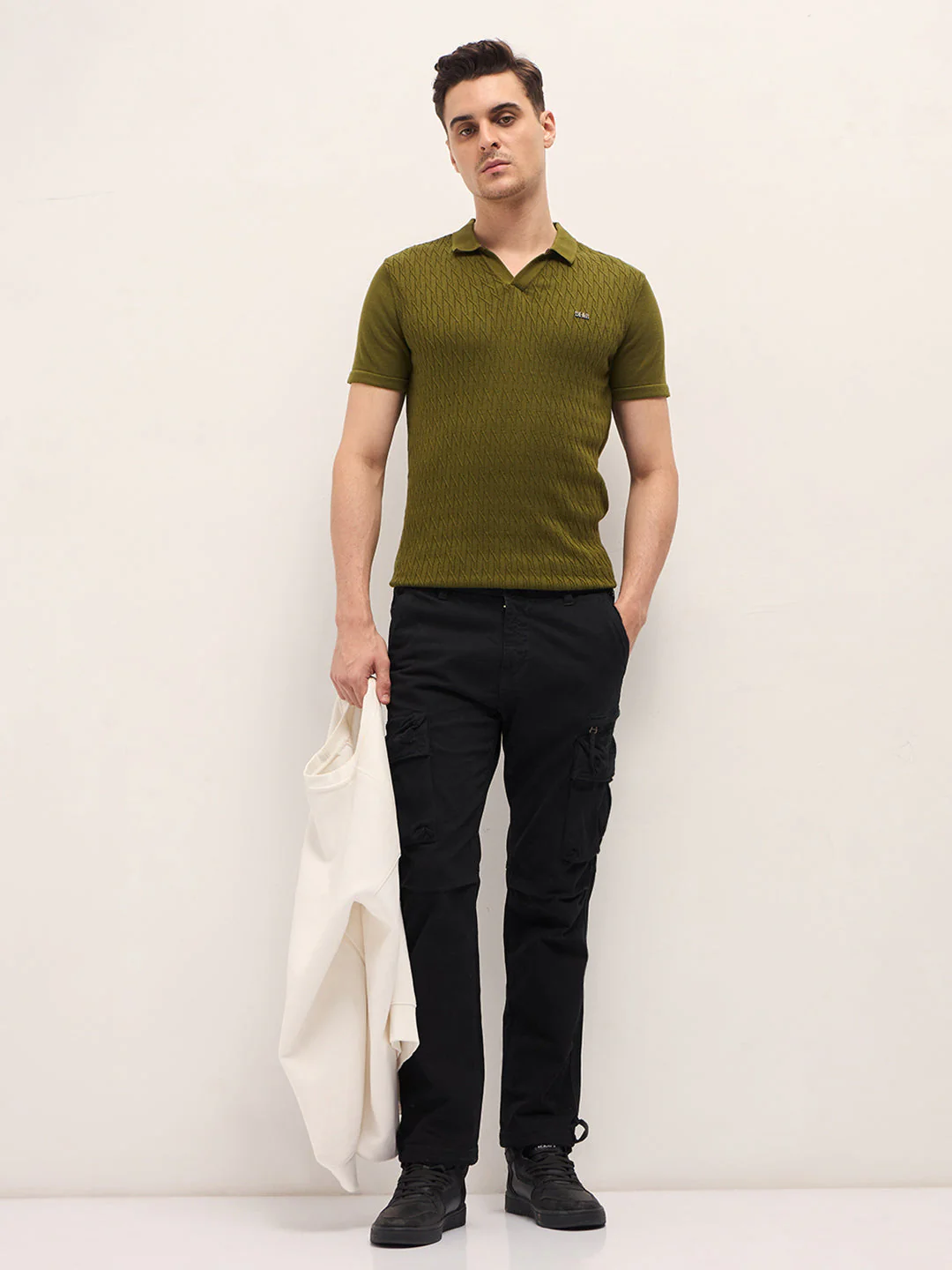 Men Dark Green Diagonal Knit Texture Regular Fit Polo - Image 4