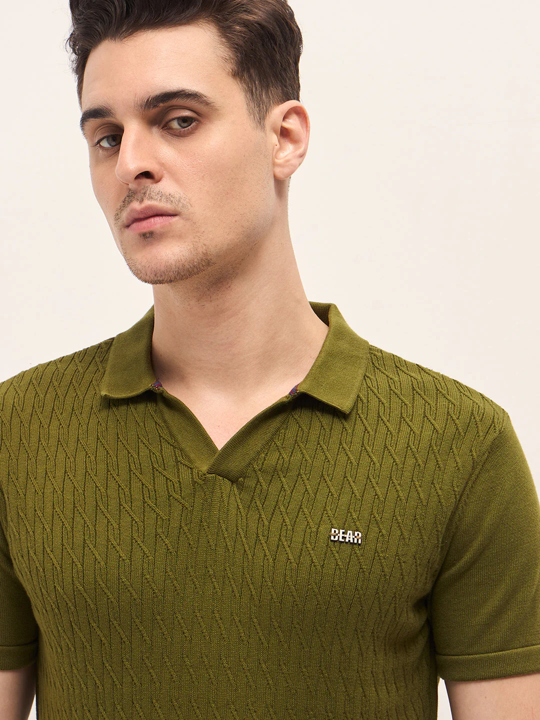 Men Dark Green Diagonal Knit Texture Regular Fit Polo - Image 5